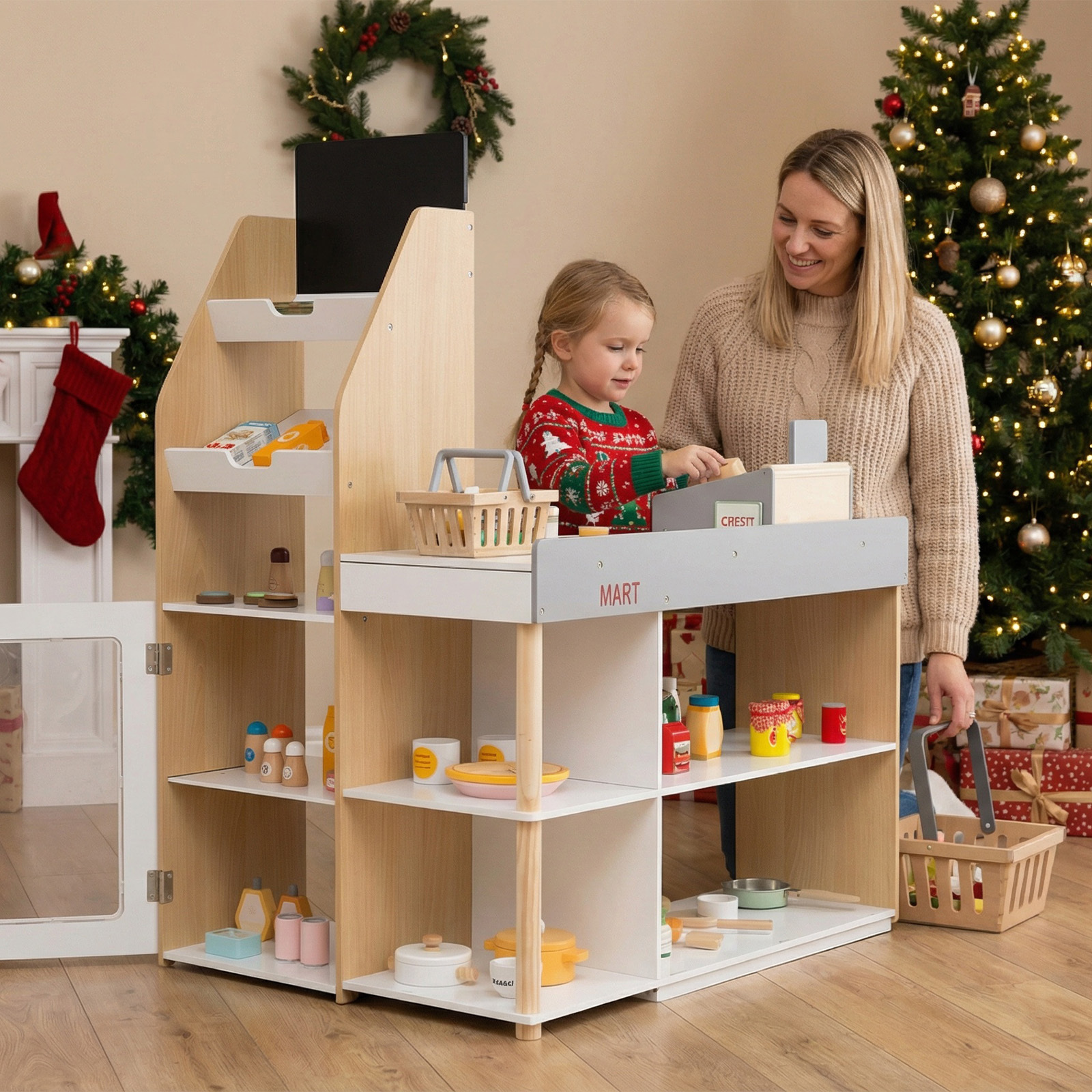 Kaufladen Kinder Supermarkt Holz für Mädchen und Jungen ab 3 Jahren mit Tafel & Registrierkasse