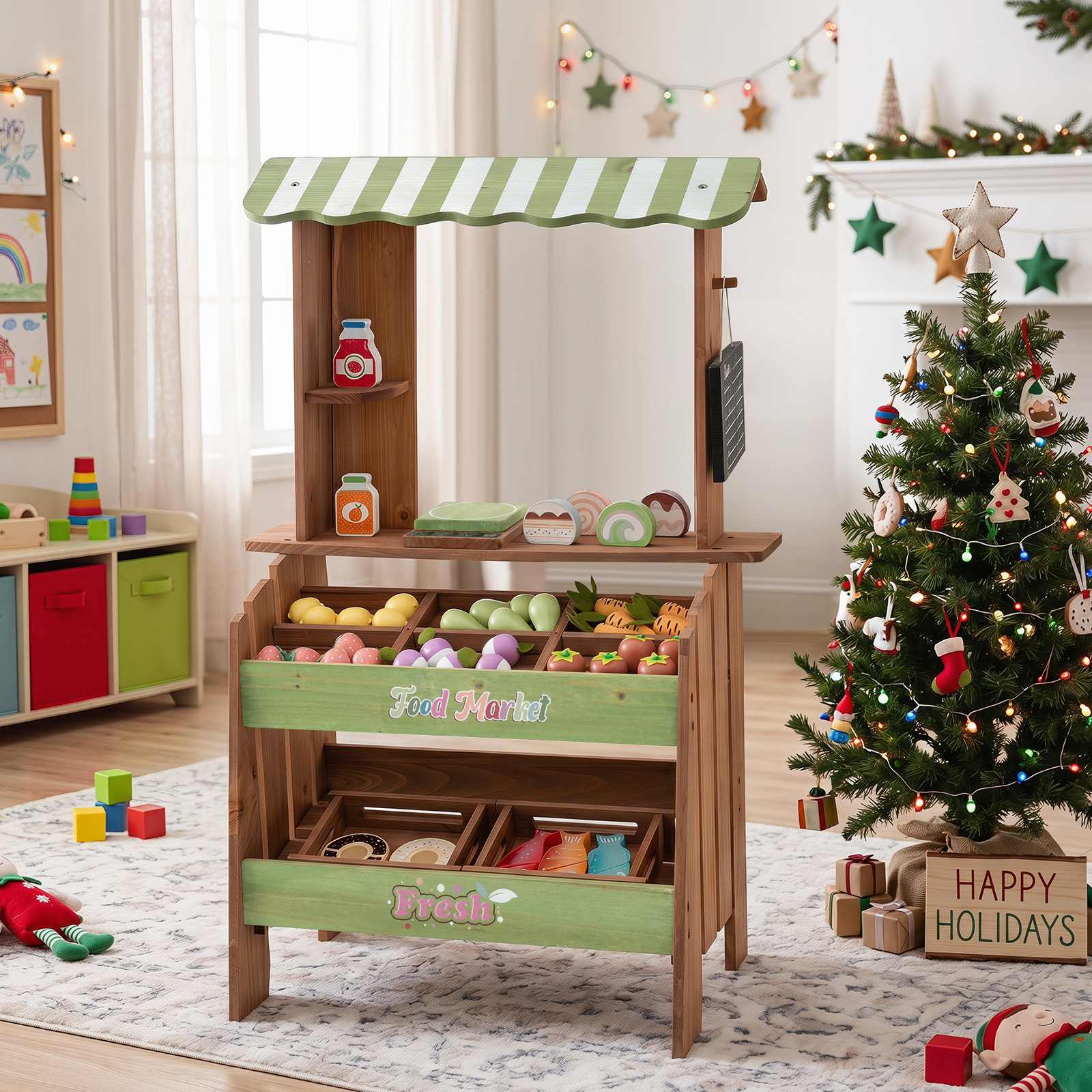 Kinder Kaufladen aus Holz Spielzeug Marktstand mit 6 Fächern & 2 Boxen für Kinder ab 3 Jahren