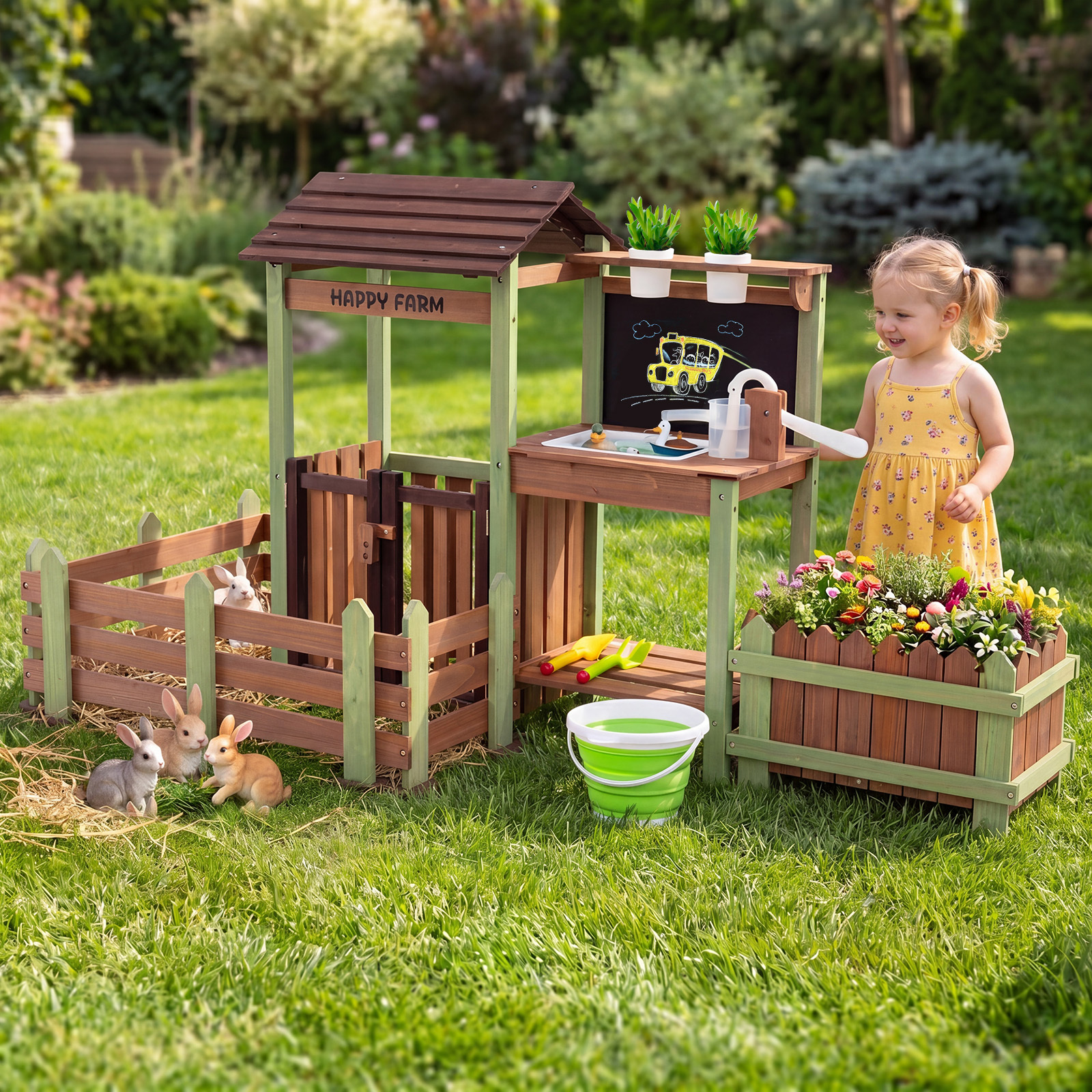 Kinder Matschküche Holz Gartenspielküche mit Pflanzkasten & 2 Blumentöpfen für Kinder ab 3 Jahren