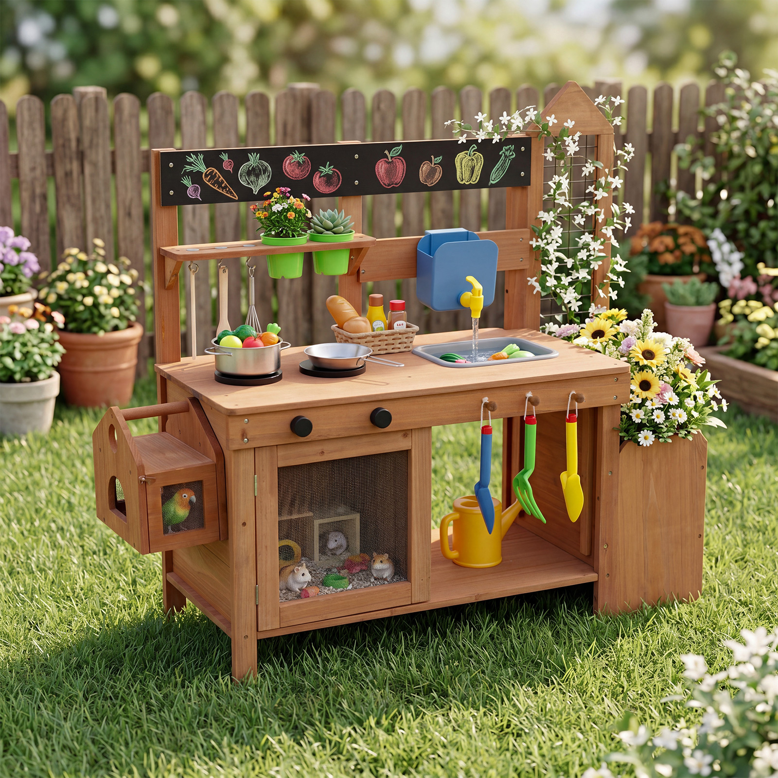 Kinder Matschküche Outdoor Spielküche aus Holz mit Abnehmbarem Vogelkäfig für Kinder ab 3 Jahren