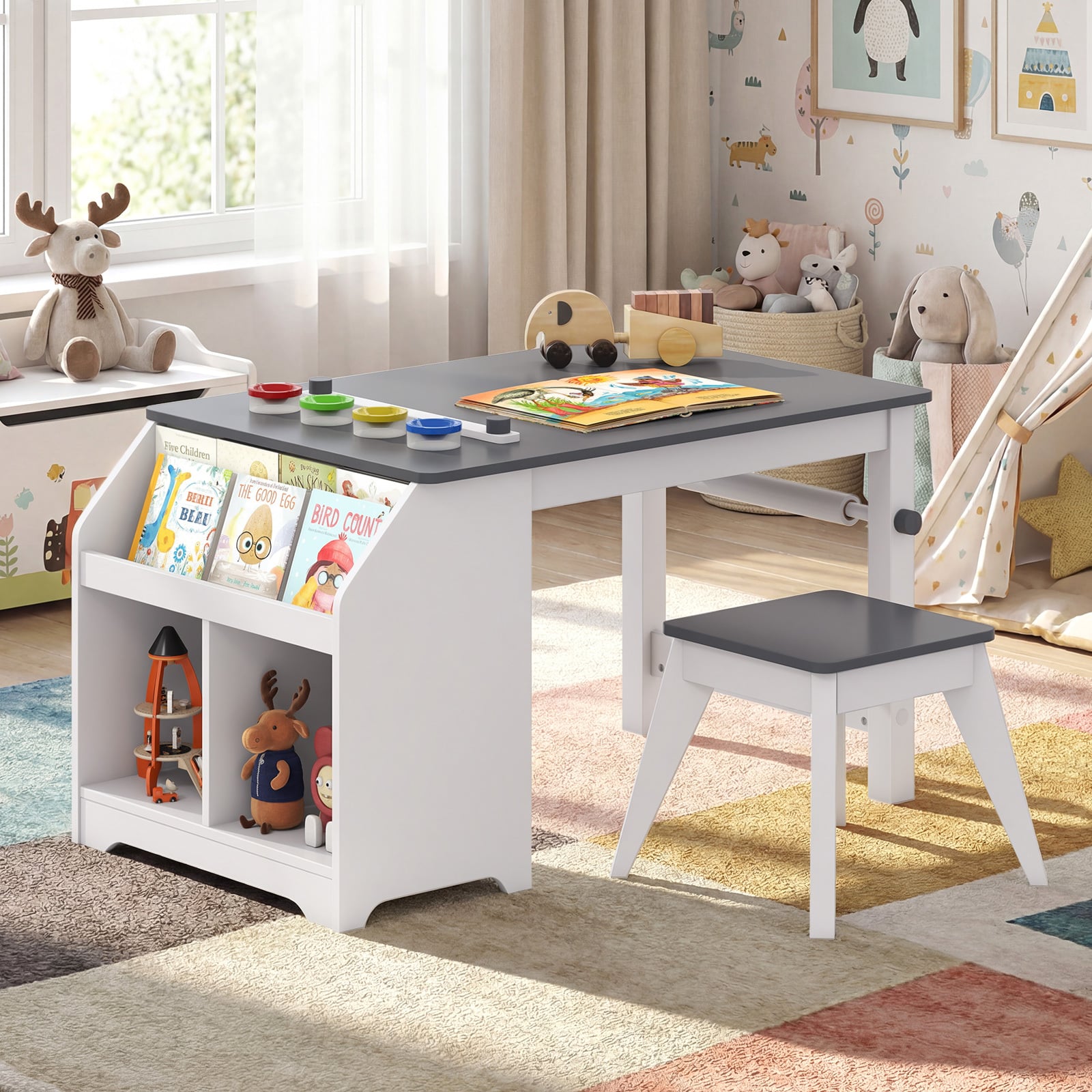 Kinder Tisch & Hockerset Kindersitzgruppe Holz mit Papierrollenhalter Papierrolle & 4 Farbbechern