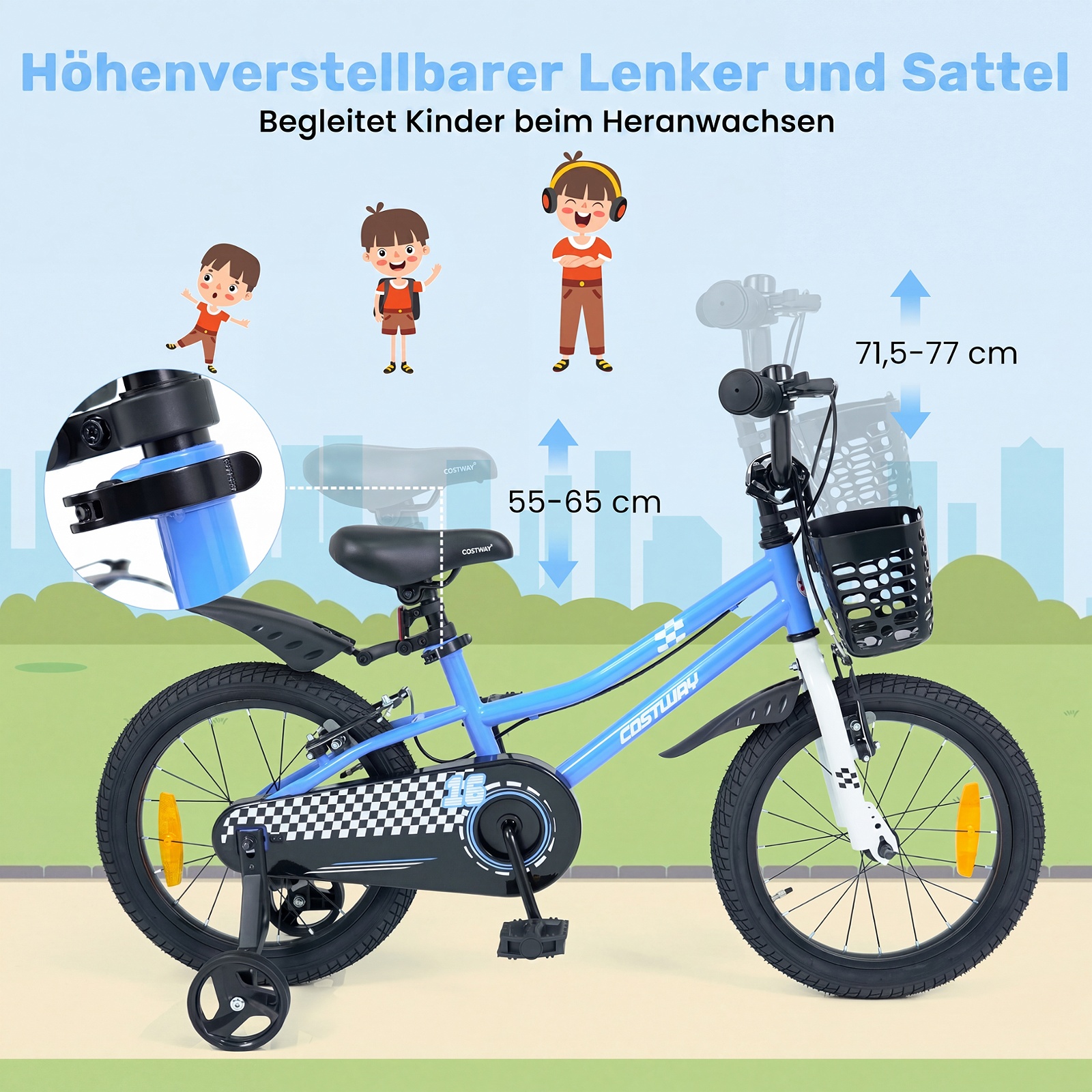 Kinderfahrrad 16 Zoll Fahrrad mit Höhenverstellbarem Sattel & Lenker für 4-7 Jahre Blau