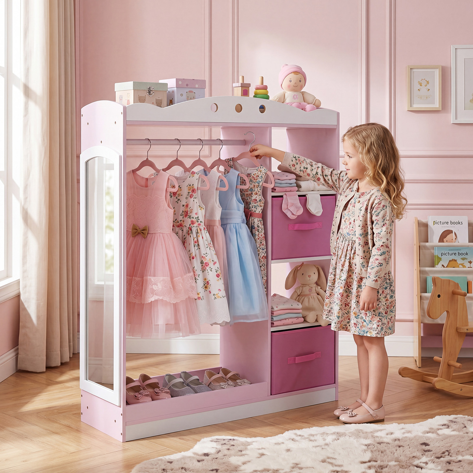 Kindergarderobe mit Spiegel Kinder Kleiderschrank aus Holz mit Offenen Regalen & Kleiderstange Rosa