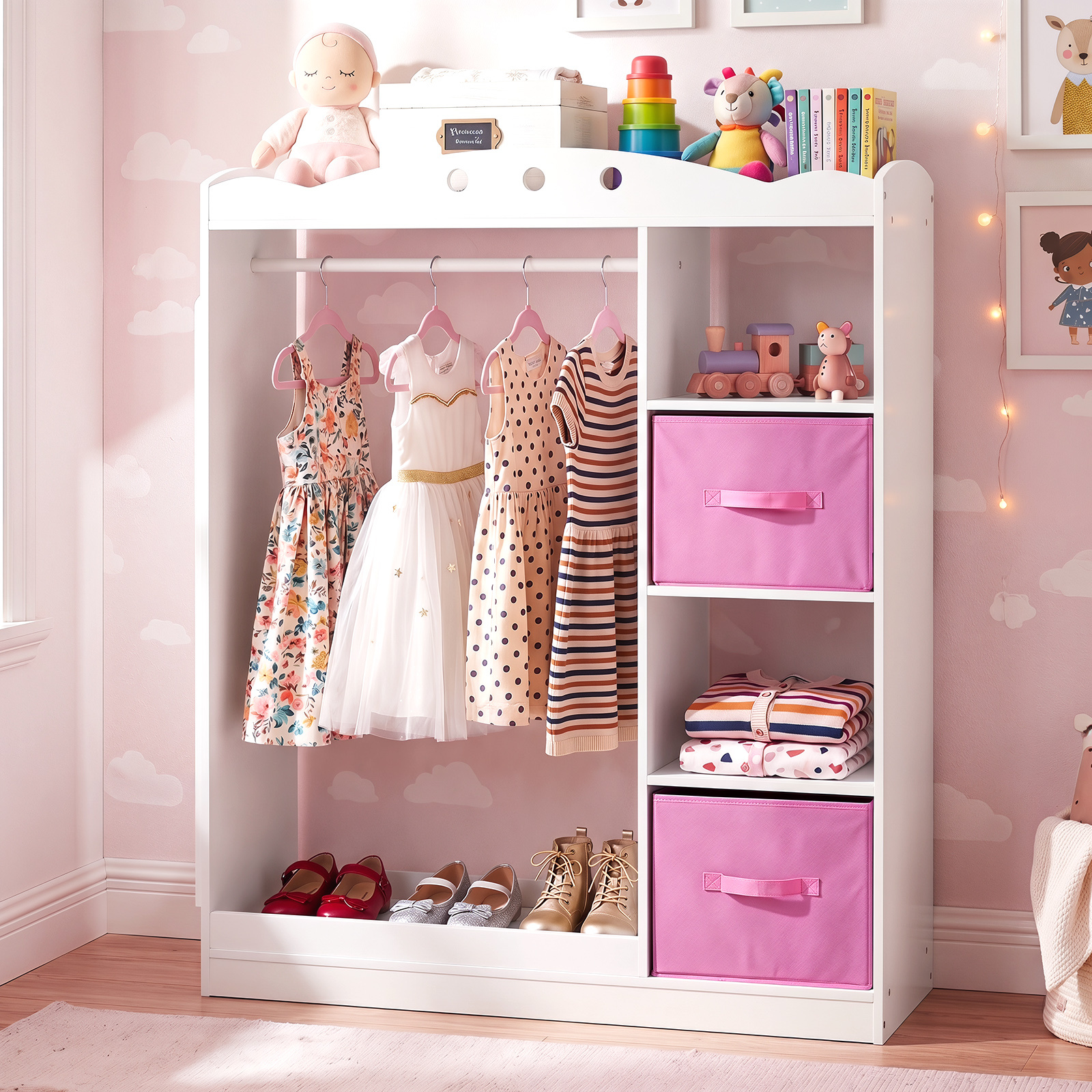Kindergarderobe mit Spiegel Kinder Kleiderschrank aus Holz mit Offenen Regalen & Kleiderstange Weiß