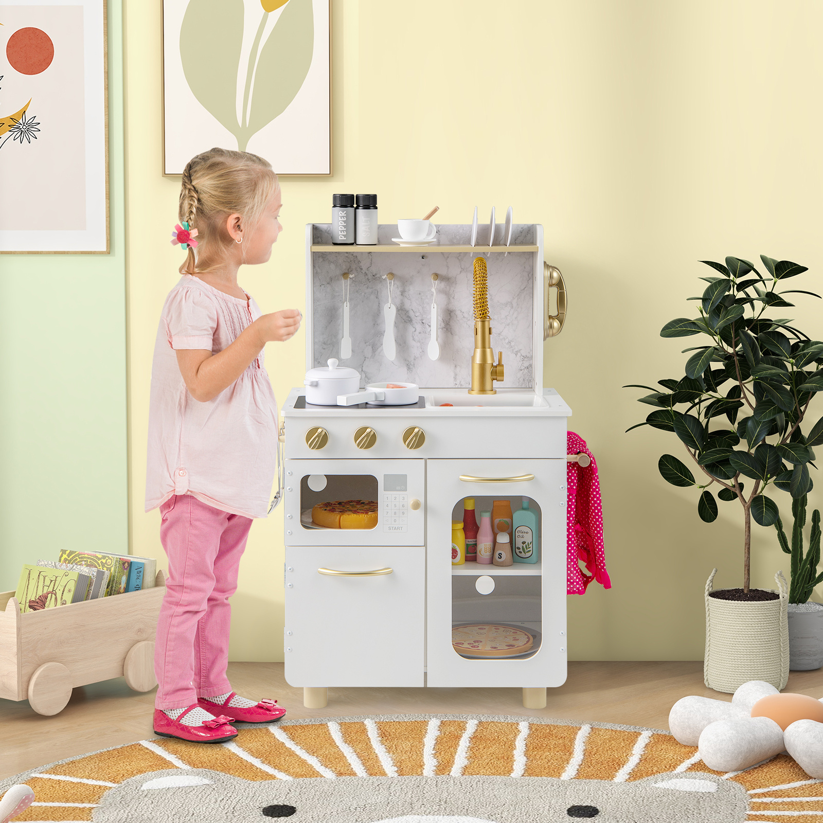 Kinderküche Interaktive Holz-spielküche mit Herd Wasserhahn Spüle & Telefon für Kinder ab 3 Jahren