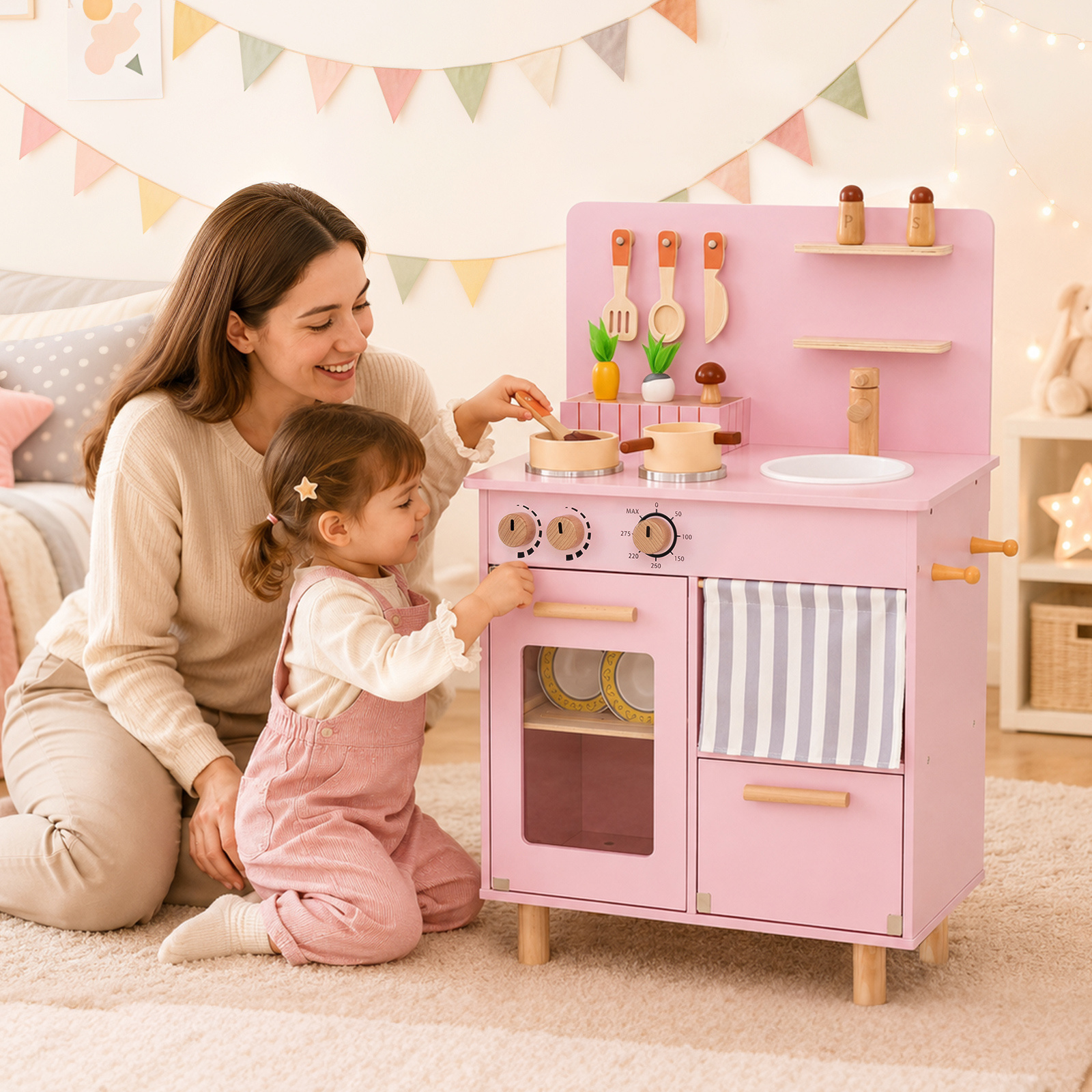 Kinderküche Puppenküche mit Herd Spüle & Geschirrspüler für Kinder ab 3 Jahren Rosa
