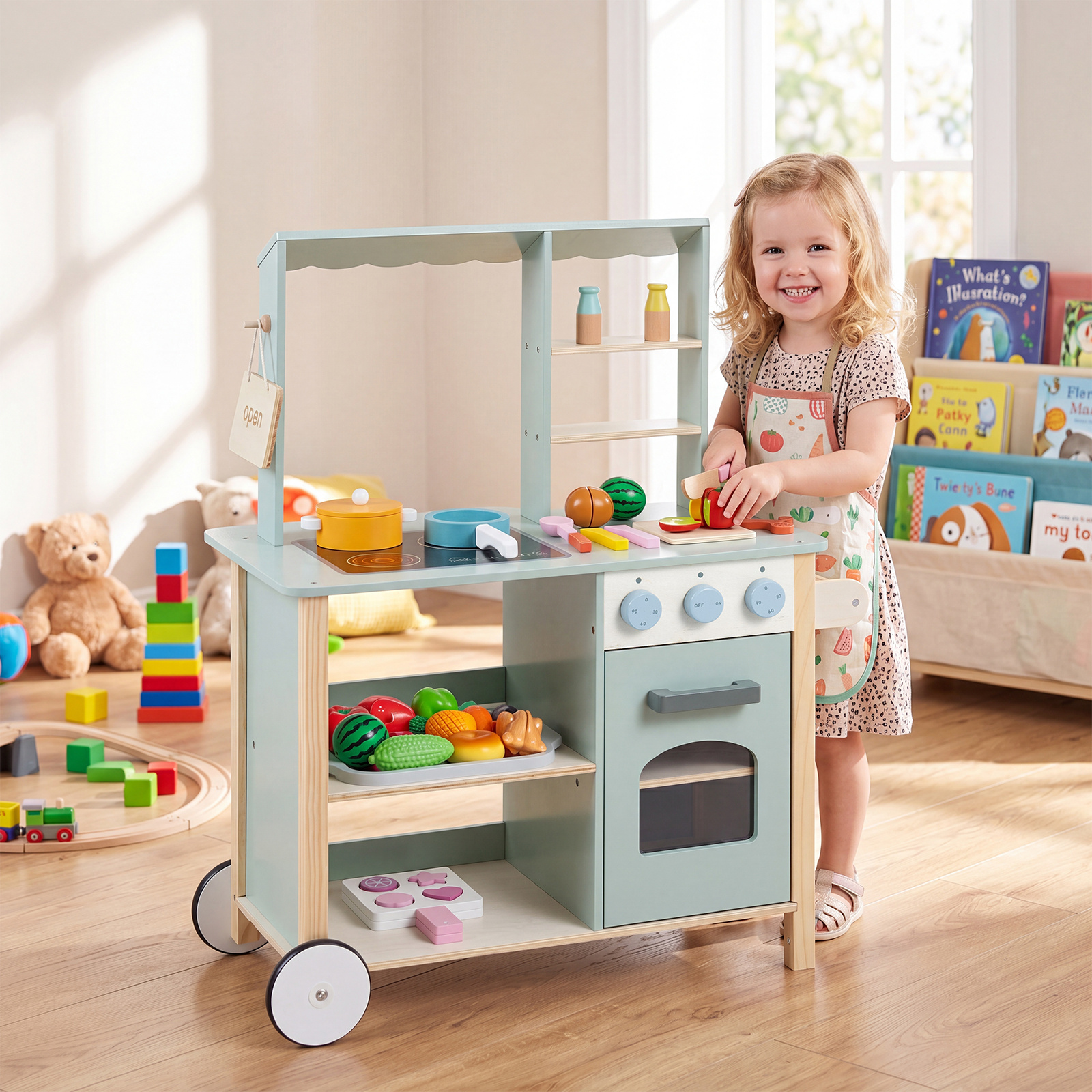 Kinderküche aus Holz Spielküche mit Schiebegriff Spielzeugherd und Rädern für Kinder ab 3 Jahren