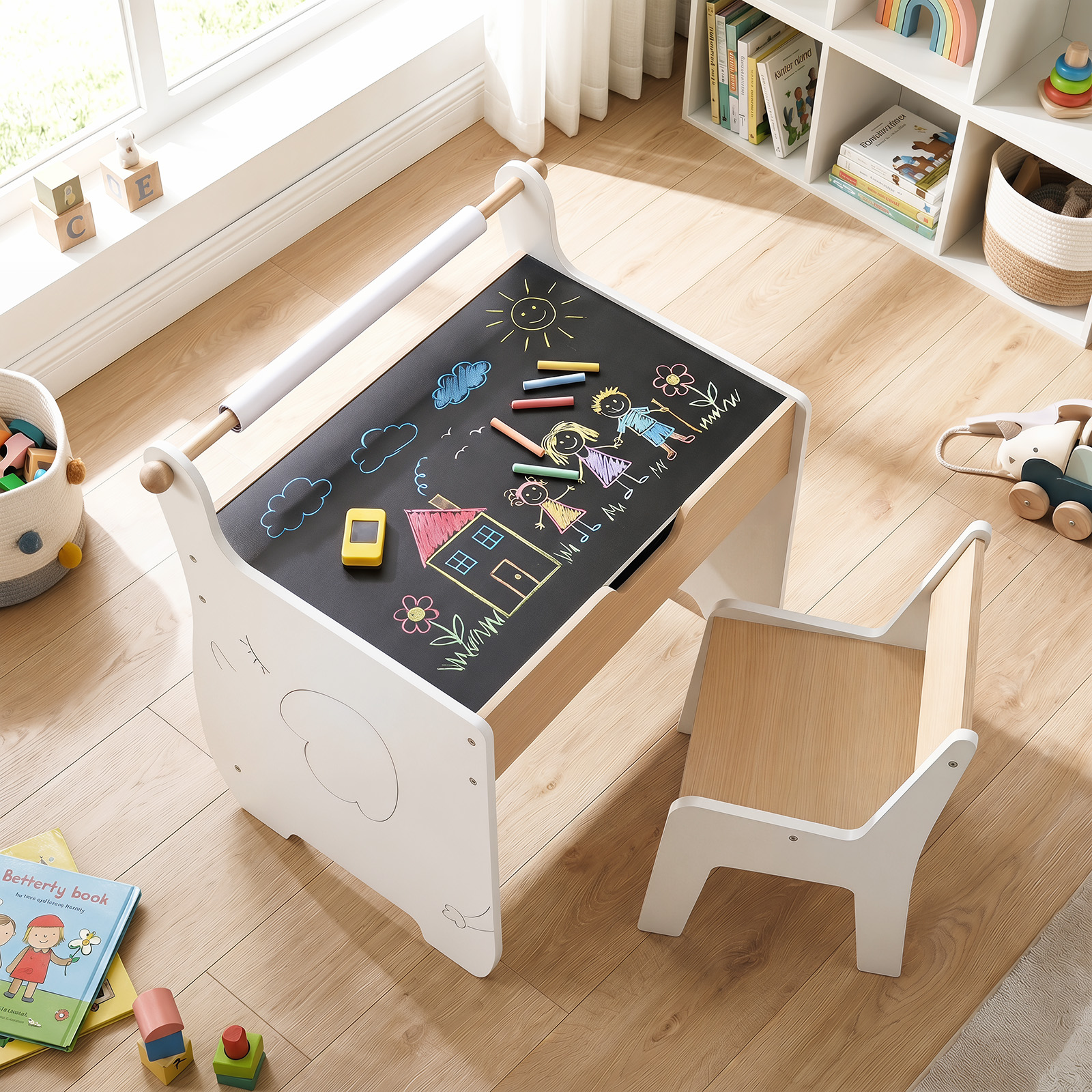 Kinderkunsttisch und Stuhl Holz Aktivitätstisch und Stuhl Set mit 2 in 1 abnehmbarem Tischplatte Weiß