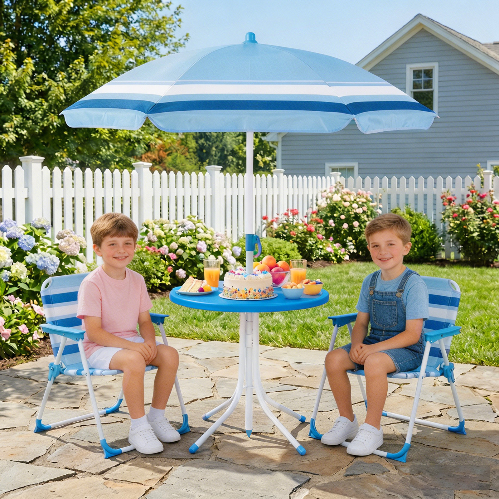 Kindersitzgruppe mit Höhenverstellbarem Sonnenschirm 4 TLG. Kindersitzgarnitur mit Tisch & 2 Klappstühlen Blau