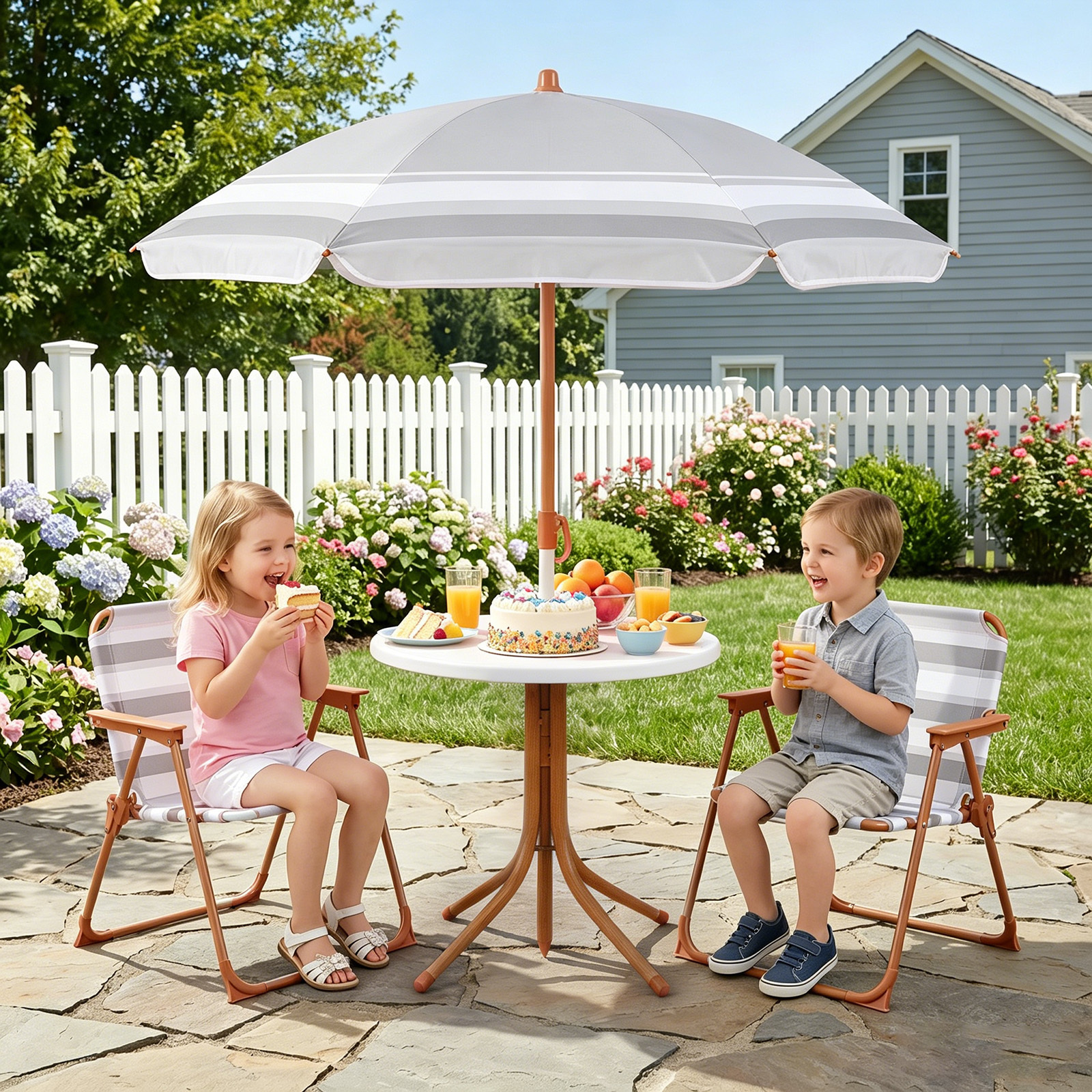 Kindersitzgruppe mit Höhenverstellbarem Sonnenschirm 4 TLG. Kindersitzgarnitur mit Tisch & 2 Klappstühlen Natur