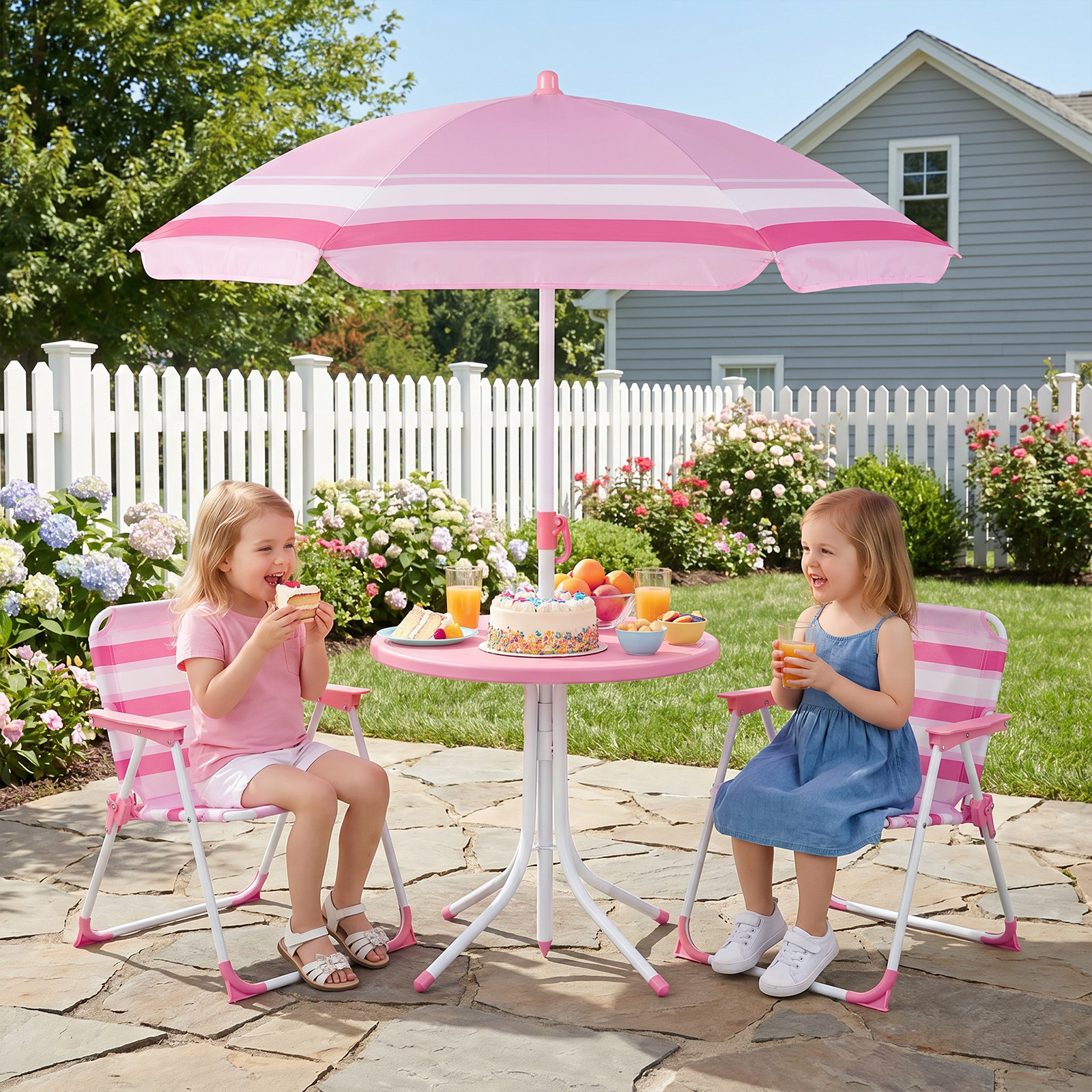 Kindersitzgruppe mit Höhenverstellbarem Sonnenschirm 4 TLG. Kindersitzgarnitur mit Tisch & 2 Klappstühlen Rosa