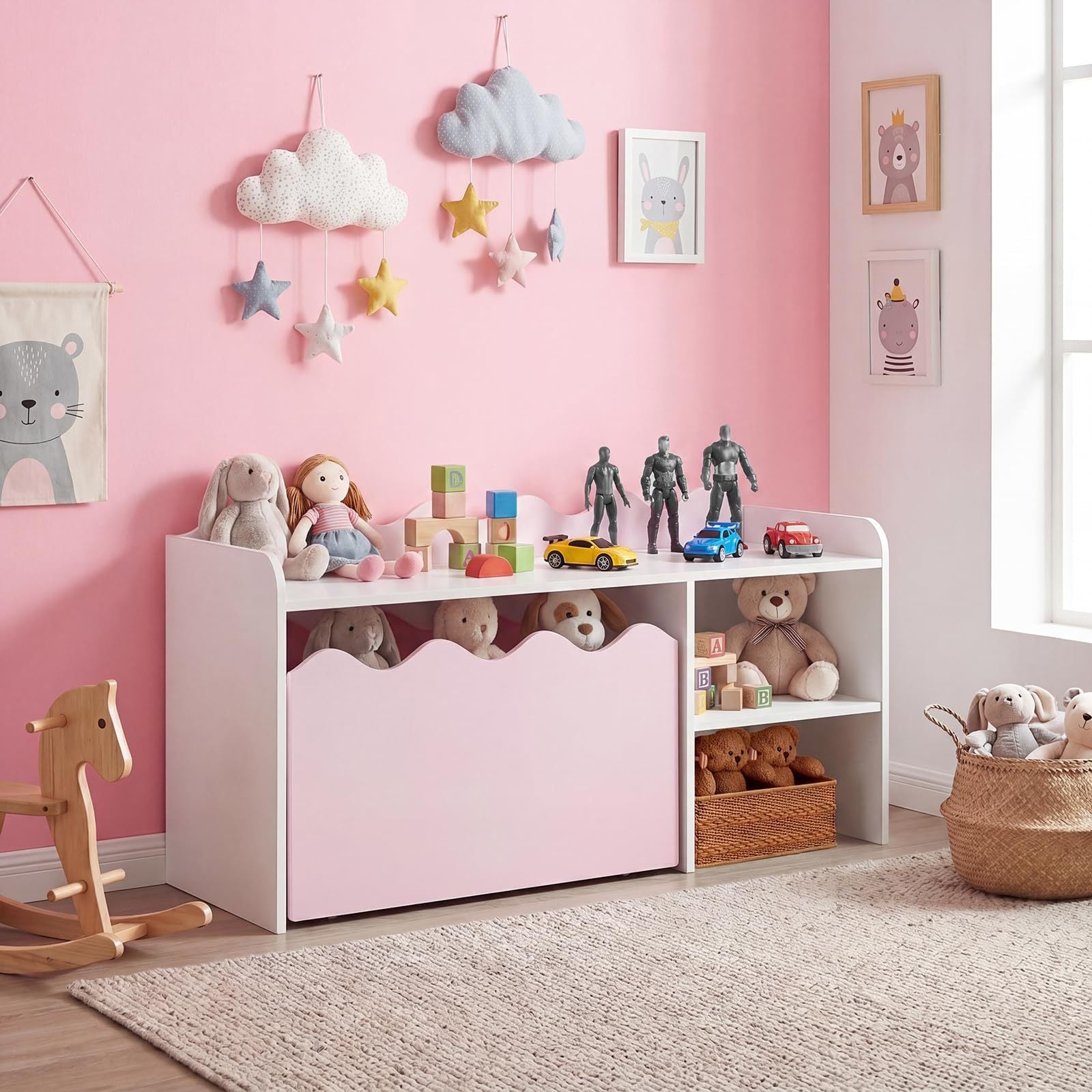 Kindertisch aus Holz Aktivitätstisch mit Breiter Tischplatte & Regal Kindersitzbank auf Rollen Rosa