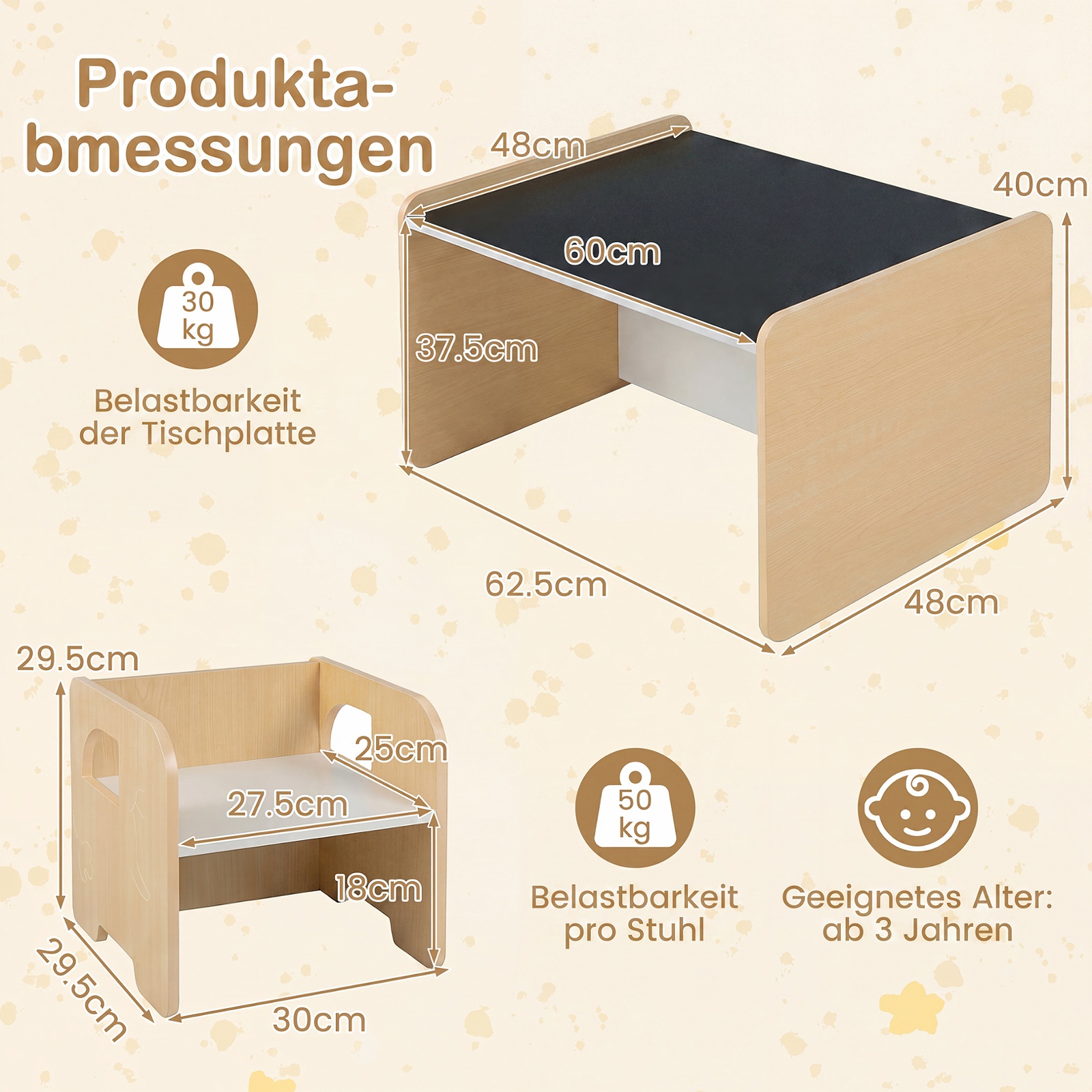 Kindertisch mit 2 Stühlen Tisch und Stuhl Set mit Tafel Spieltisch mit Niedlichem Muster für Kinderzimmer Natur