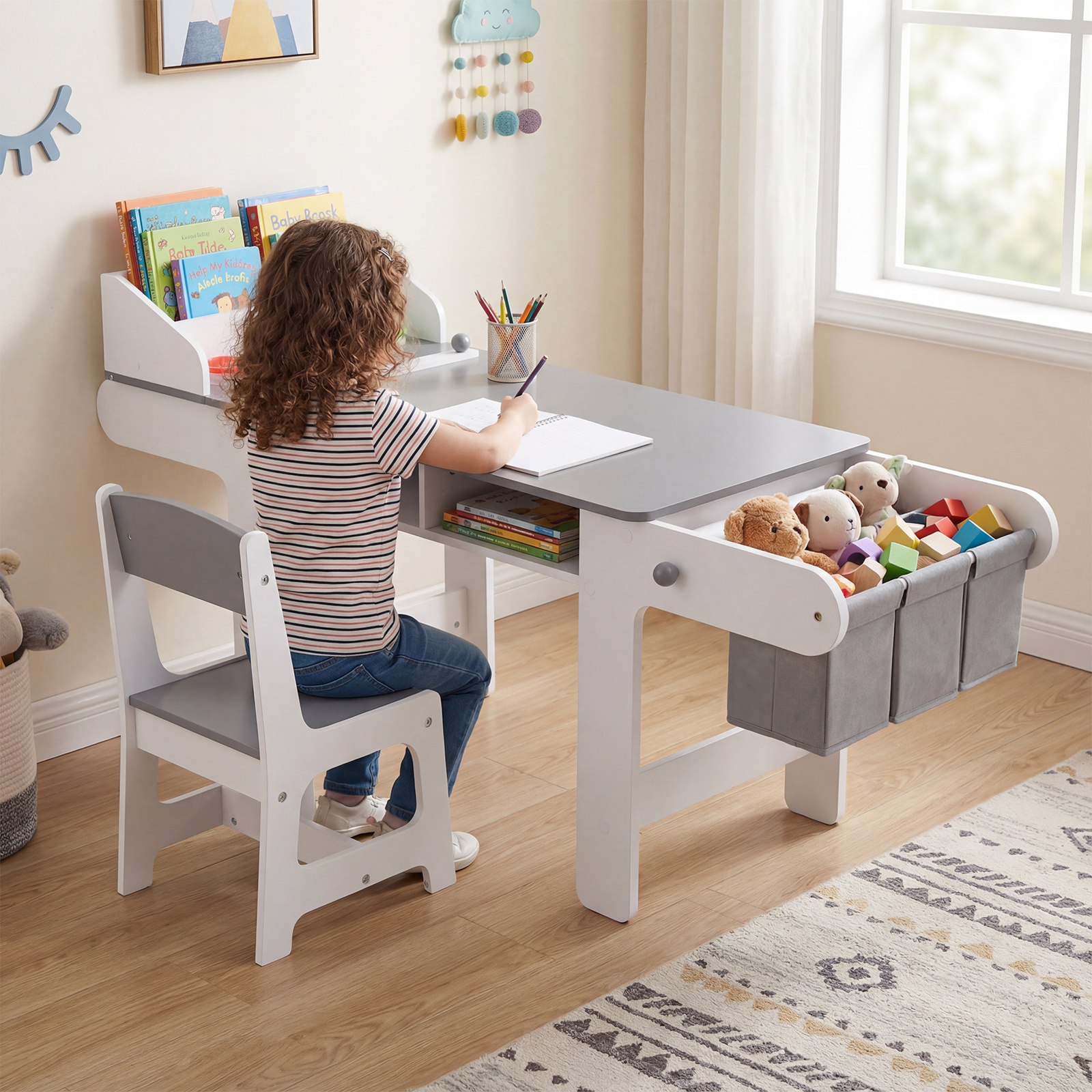 Kindertisch mit Stuhl Aktivitätstisch für Kinder mit Papierrolle Holz Maltisch mit 2 Schubladen Grau