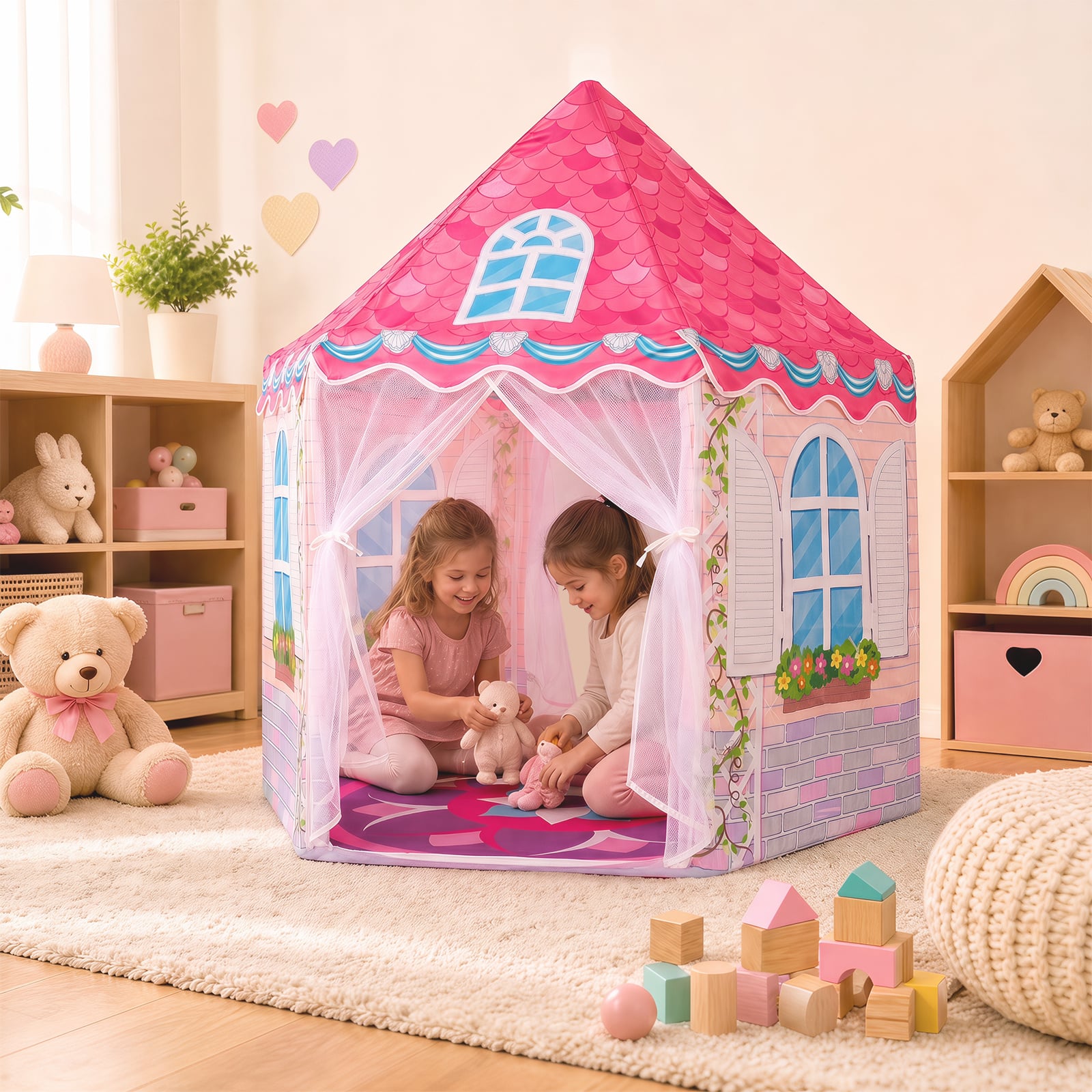 Kinderzelt im Prinzessinnenburg-Design für Kinder ab 3 jahren Spielzelt mit Vorhängen Rosa