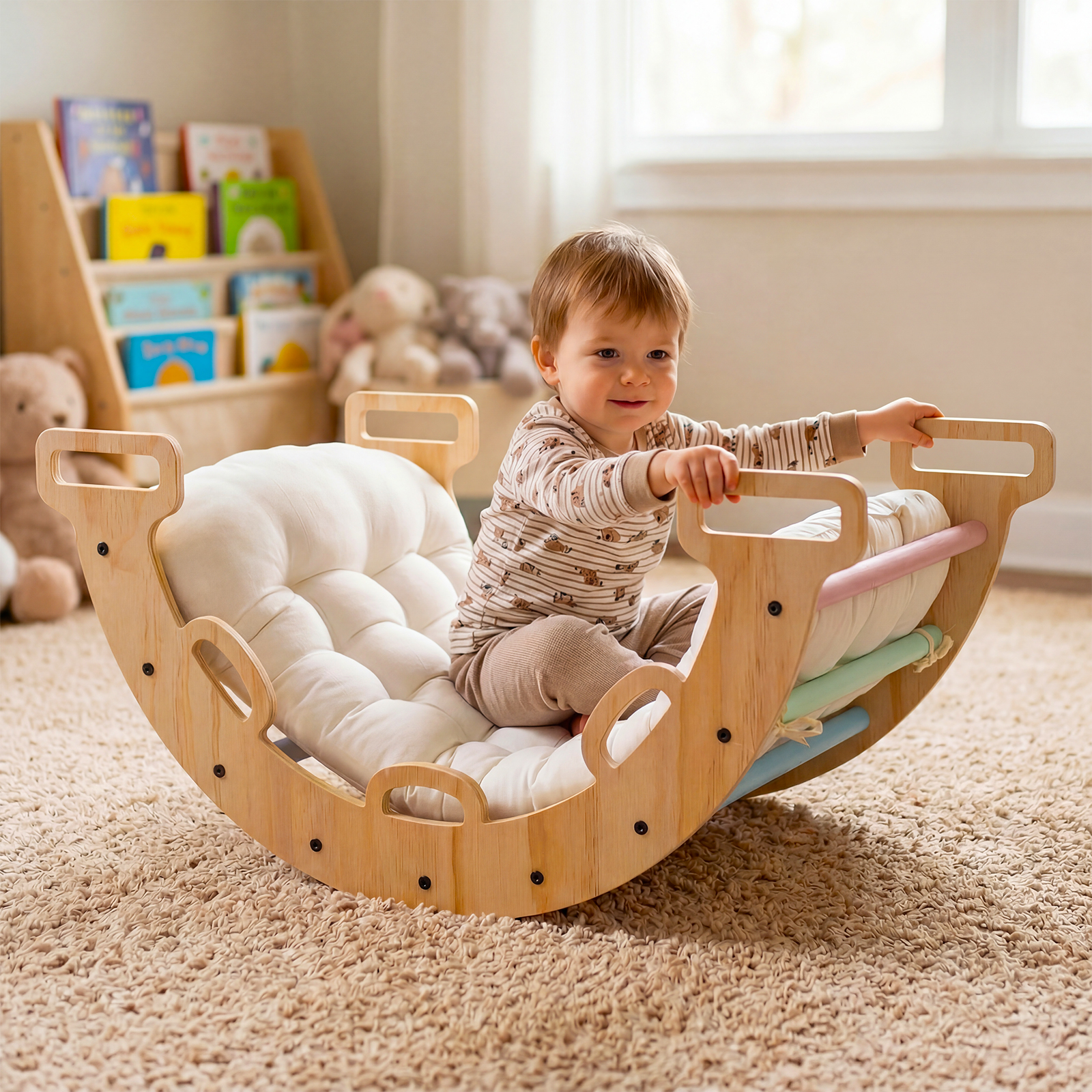 Kletterbogen Holz Montessori Kletterwippe mit Weichem Kissen für Kinder ab 3 Jahre Mehrfarbig