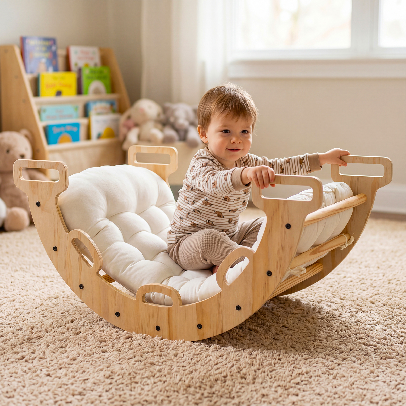Kletterbogen Holz Montessori Kletterwippe mit Weichem Kissen für Kinder ab 3 Jahre Natur