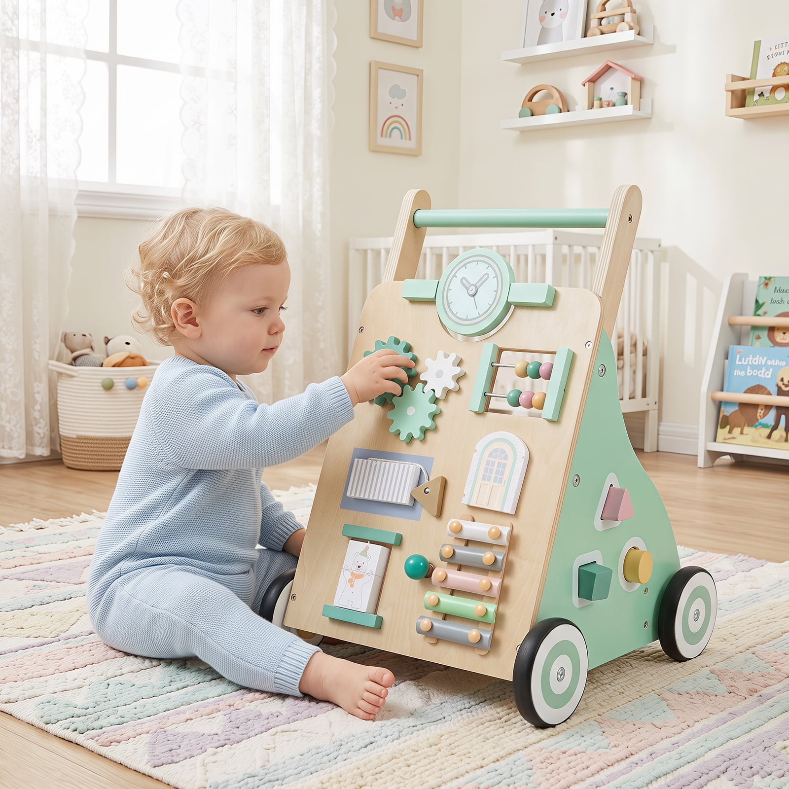 Lauflernwagen aus Holz Baby Walker mit Aktivitätszentrum & Räder Lauflernhilfe für Kinder ab 18 Monaten