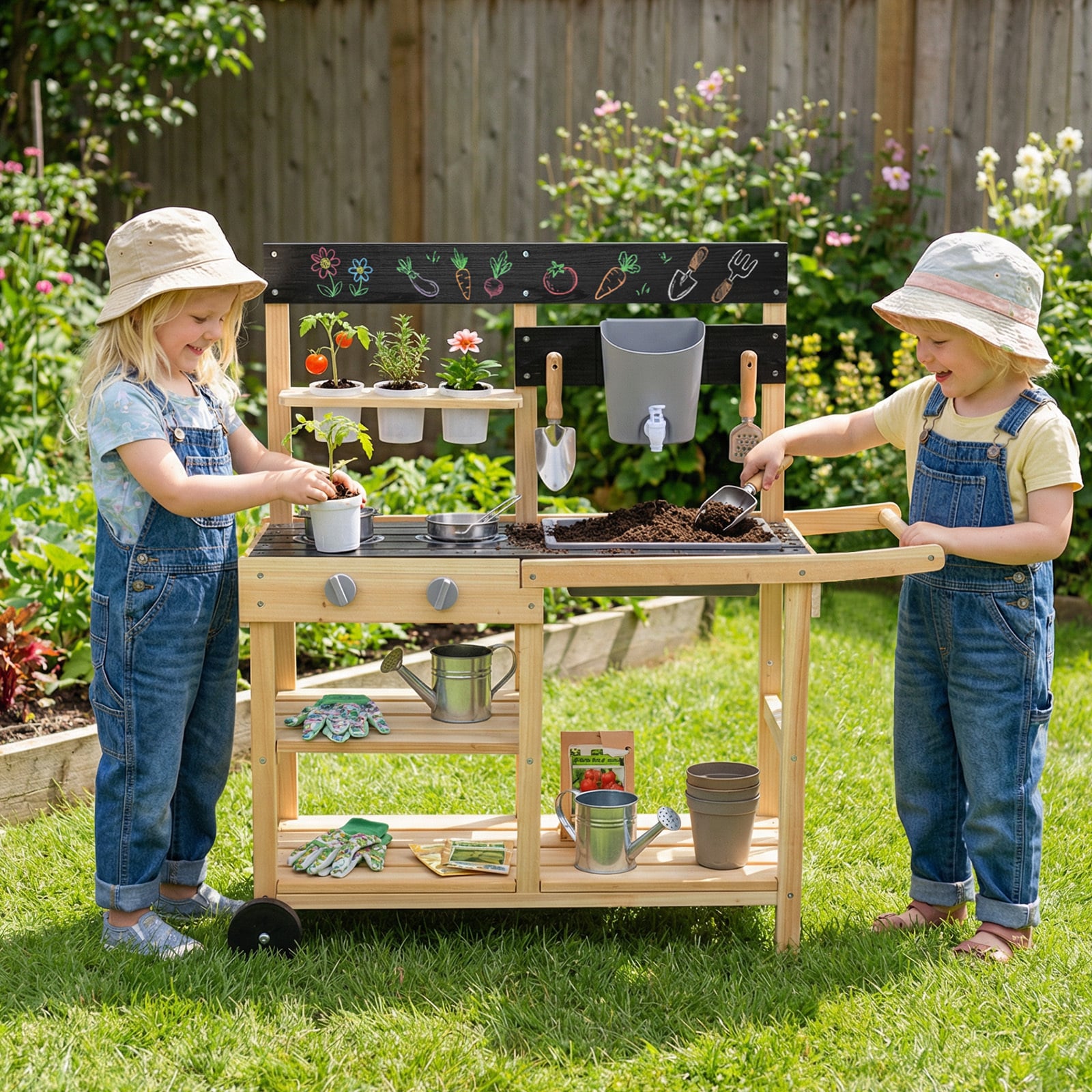 Matschküche Kinder Outdoor Kinderküche Holz mit Rädern und Griff für Kinder ab 3 Jahren Natur