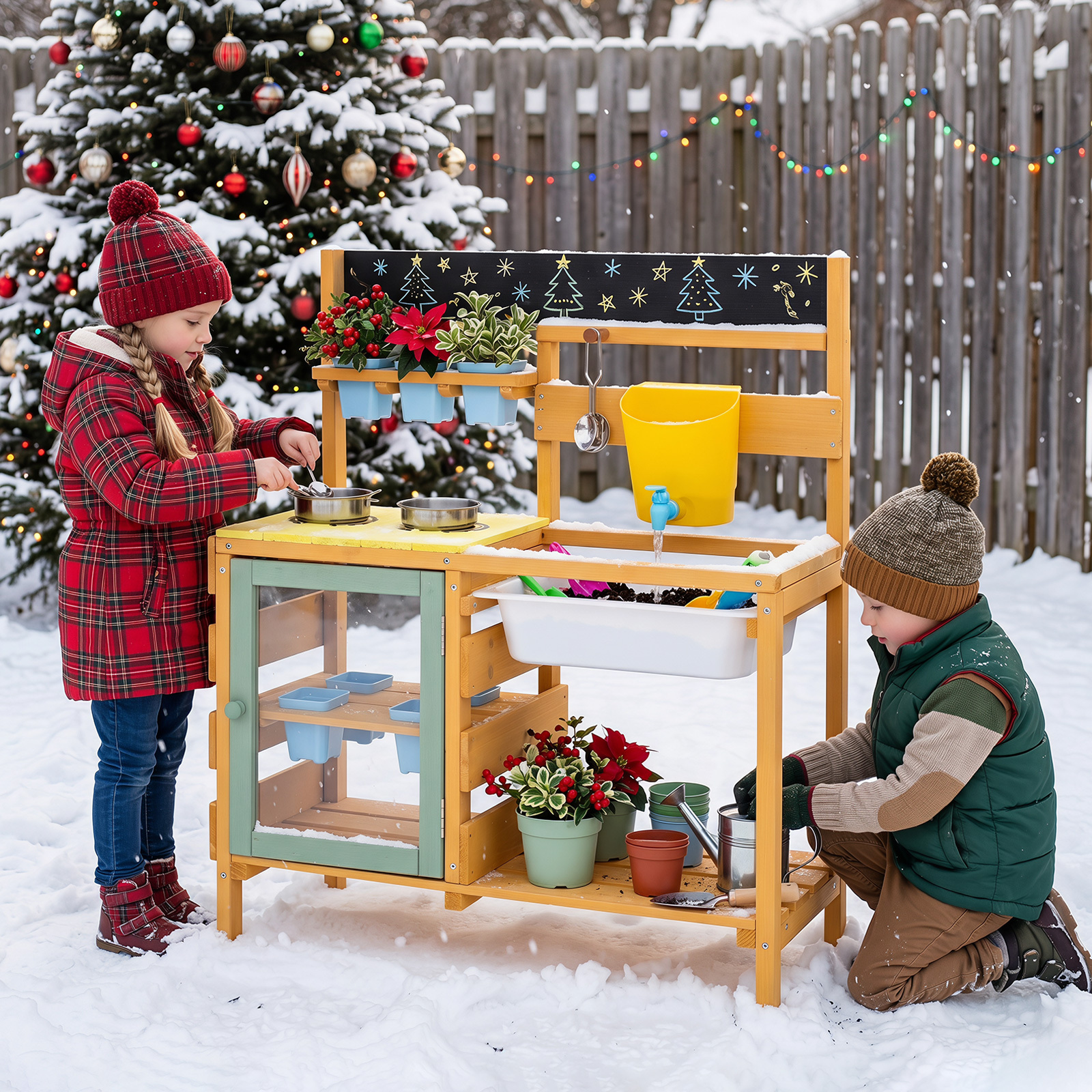Matschküche Kinder Outdoor Spielküche Holz Mit Wassertank für Kinder ab 3 Jahren 69 x 29 x 85 cm Gelb