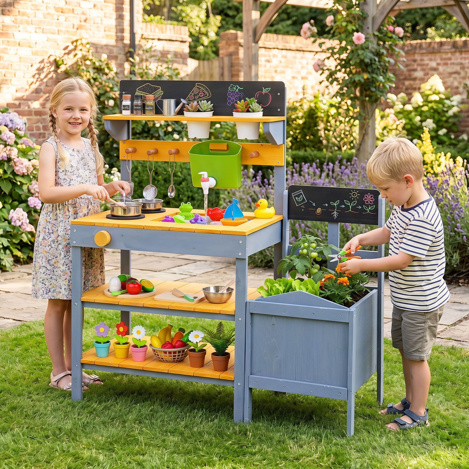 Matschküche Kinder Outdoor Spielküche mit Herd & Pflanzkasten Kinderküche aus Tannenholz Gelb