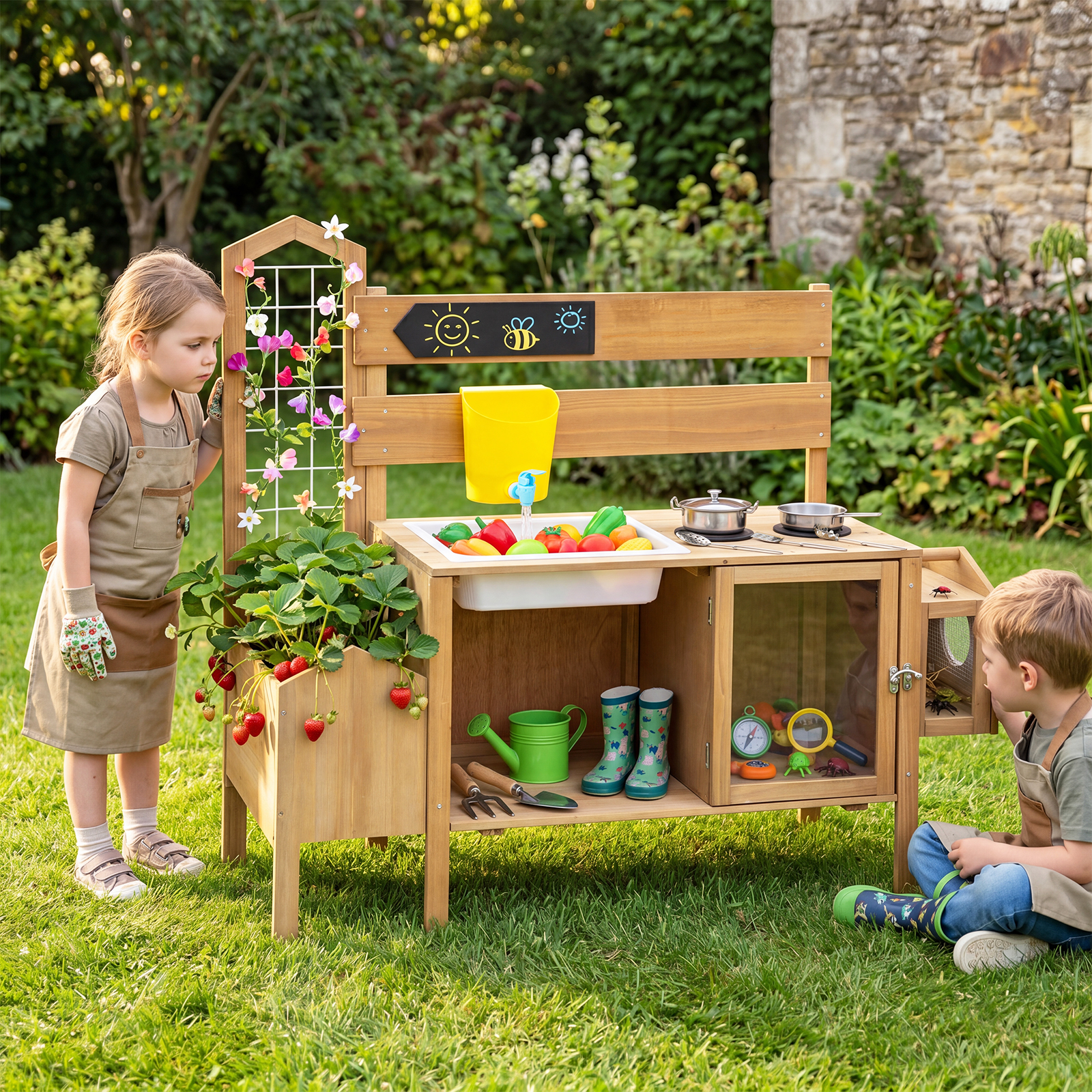 Matschküche Kinder Outdoor Spielküche mit Spüle Wassertank & Wasserhahn für Kinder ab 3 Jahren