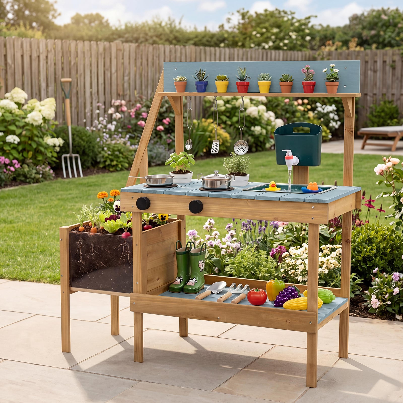 Matschküche Outdoor Kinderküche aus Holz mit Pflanzkasten Spüle & 2 Herden für Kinder ab 3 Jahren Blau