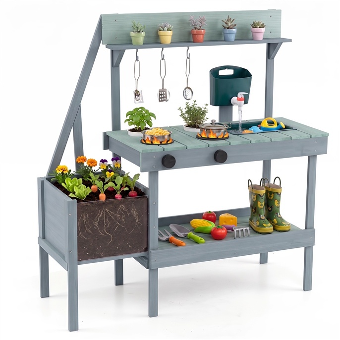 Matschküche Outdoor Kinderküche aus Holz mit Pflanzkasten Spüle & 2 Herden für Kinder ab 3 Jahren Grün