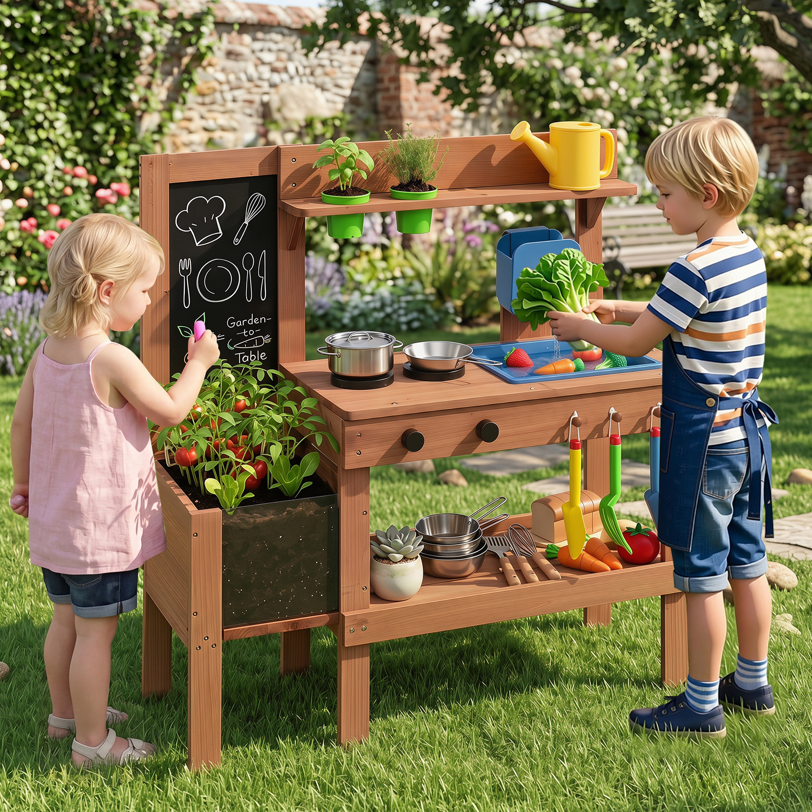 Matschküche aus Holz Kinderküche mit Pflanzkasten & Tafel Spielküche mit Wassertank Natur