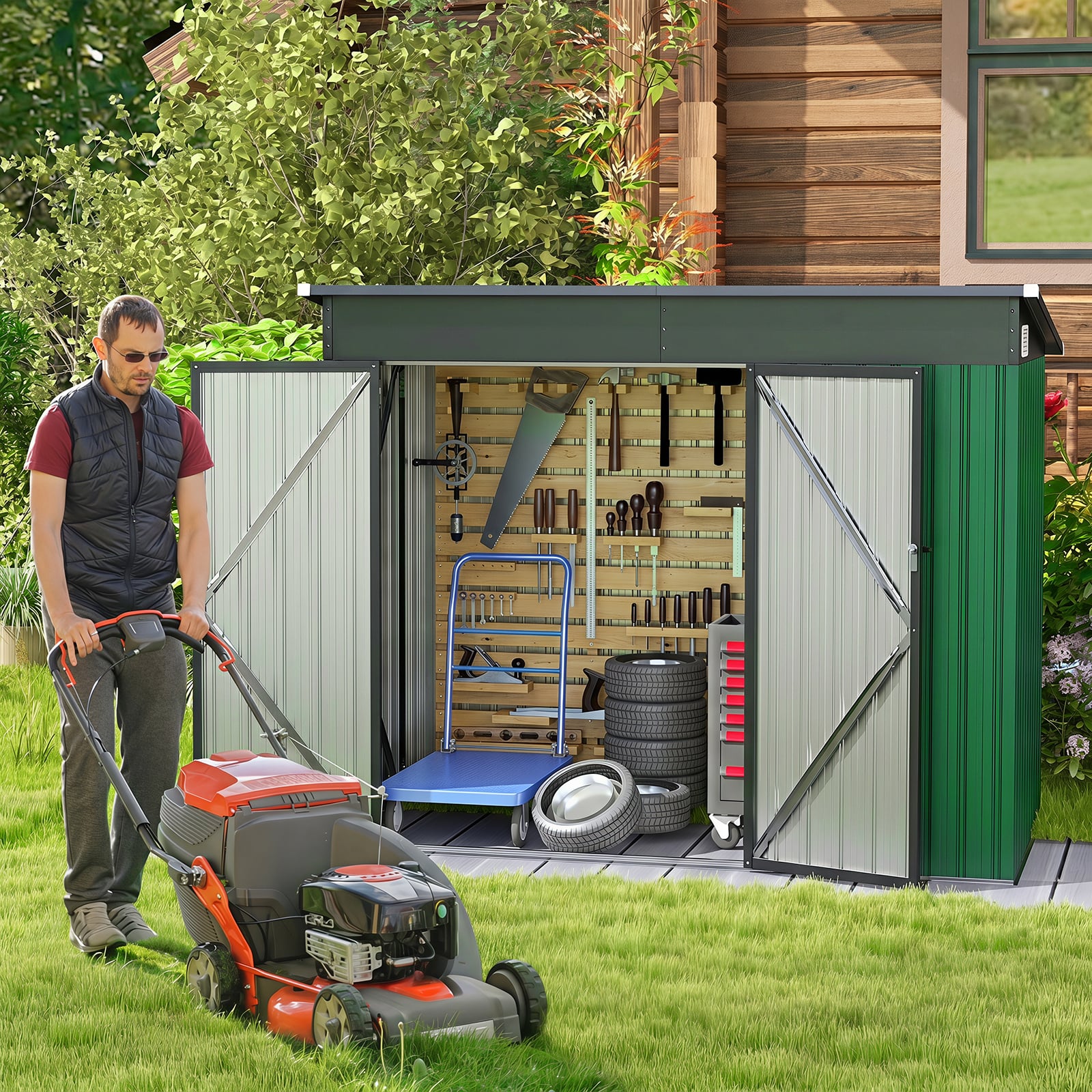 Metall Gartenhaus mit Vordertür & Seitentür & Pultdach Gerätehaus Geräteschuppen Grün