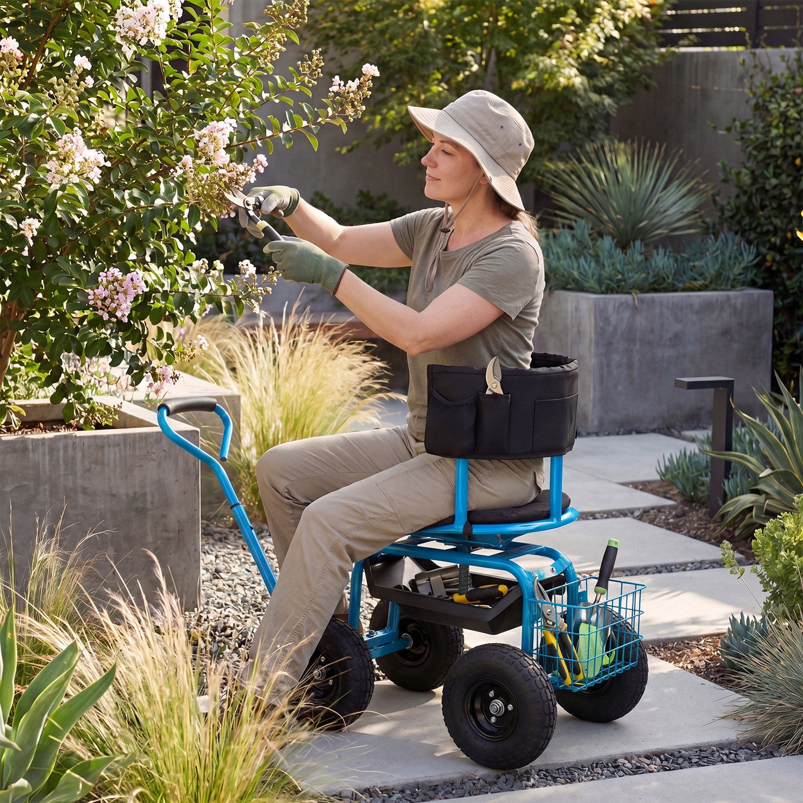 Mobiler Sitz für die Gartenarbeit Gartenwagen Lenkbarer Werkzeugwagen mit Aufbewahrungskorb Blau