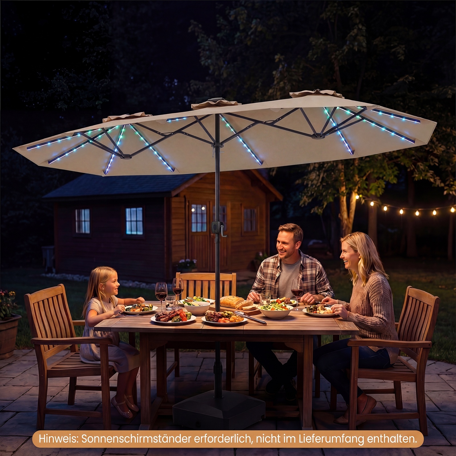 Doppelsonnenschirm 400 x 210 cm Sonnenschirm mit LED-Beleuchtung Rechteckiger Gartenschirm Braun