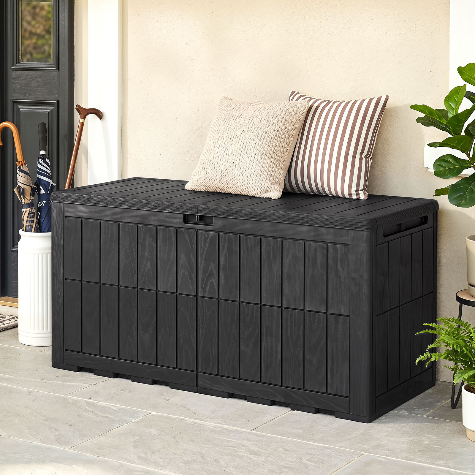 Wetterfeste Auflagenbox 455L Outdoor Aufbewahrungsbox mit Abschließbarem Deckel & Gasdruckfedern Schwarz