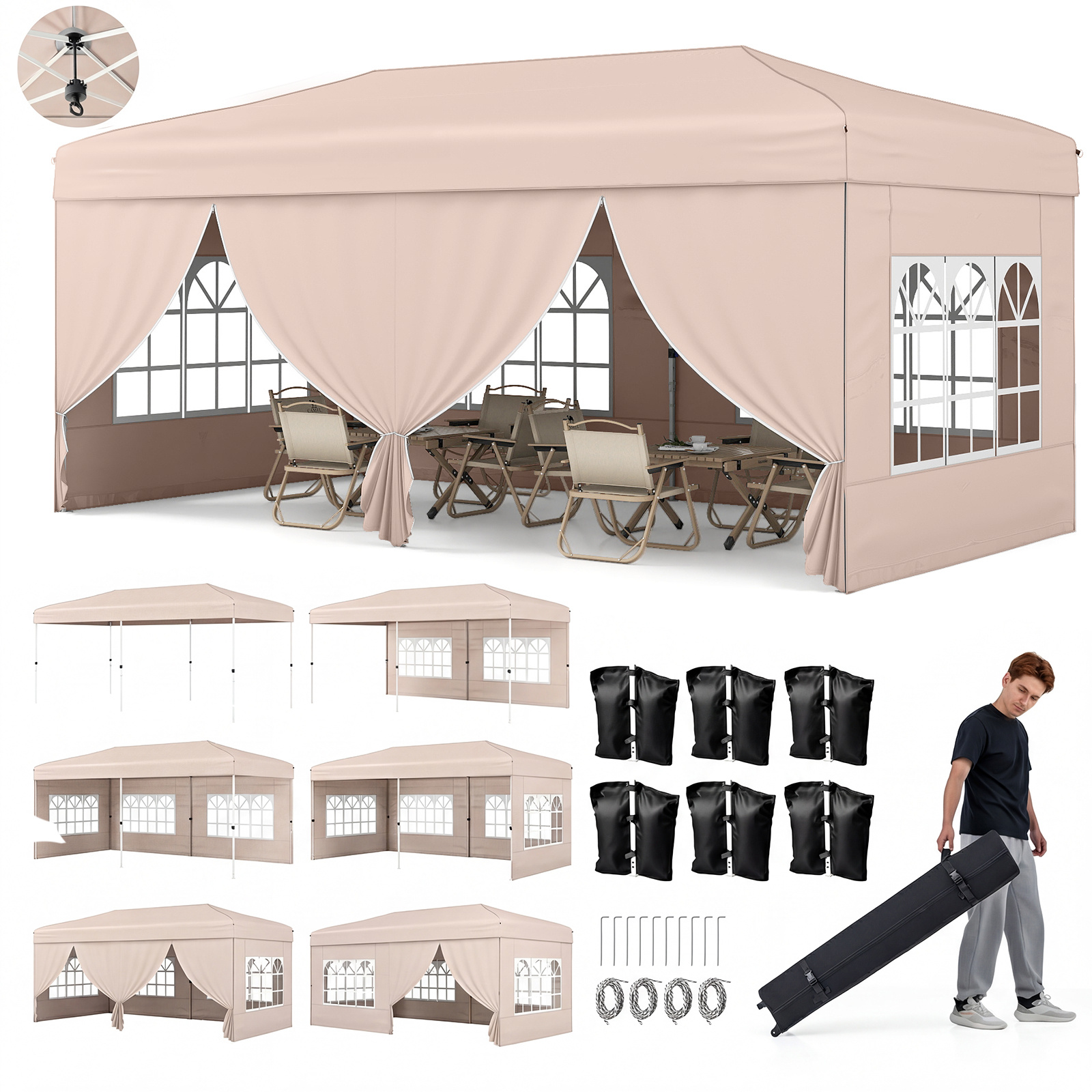 Pavillon 3x6m Pop-up Faltpavillon mit Metallrahmen 6 Seitenwänden & 6 Sandsäcke Gartenpavillon Grau