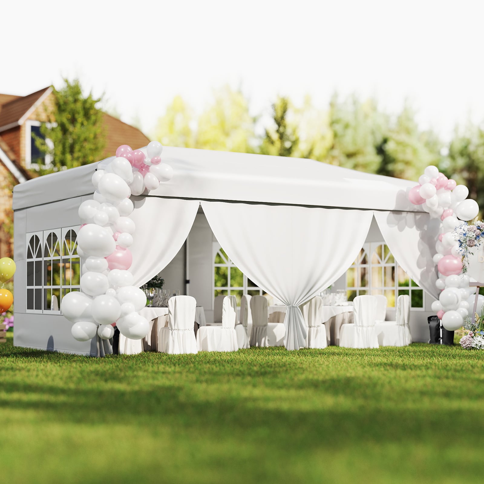 Pavillon 3x6m Pop-up Faltpavillon mit Metallrahmen 6 Seitenwänden & 6 Sandsäcke Gartenpavillon Weiß