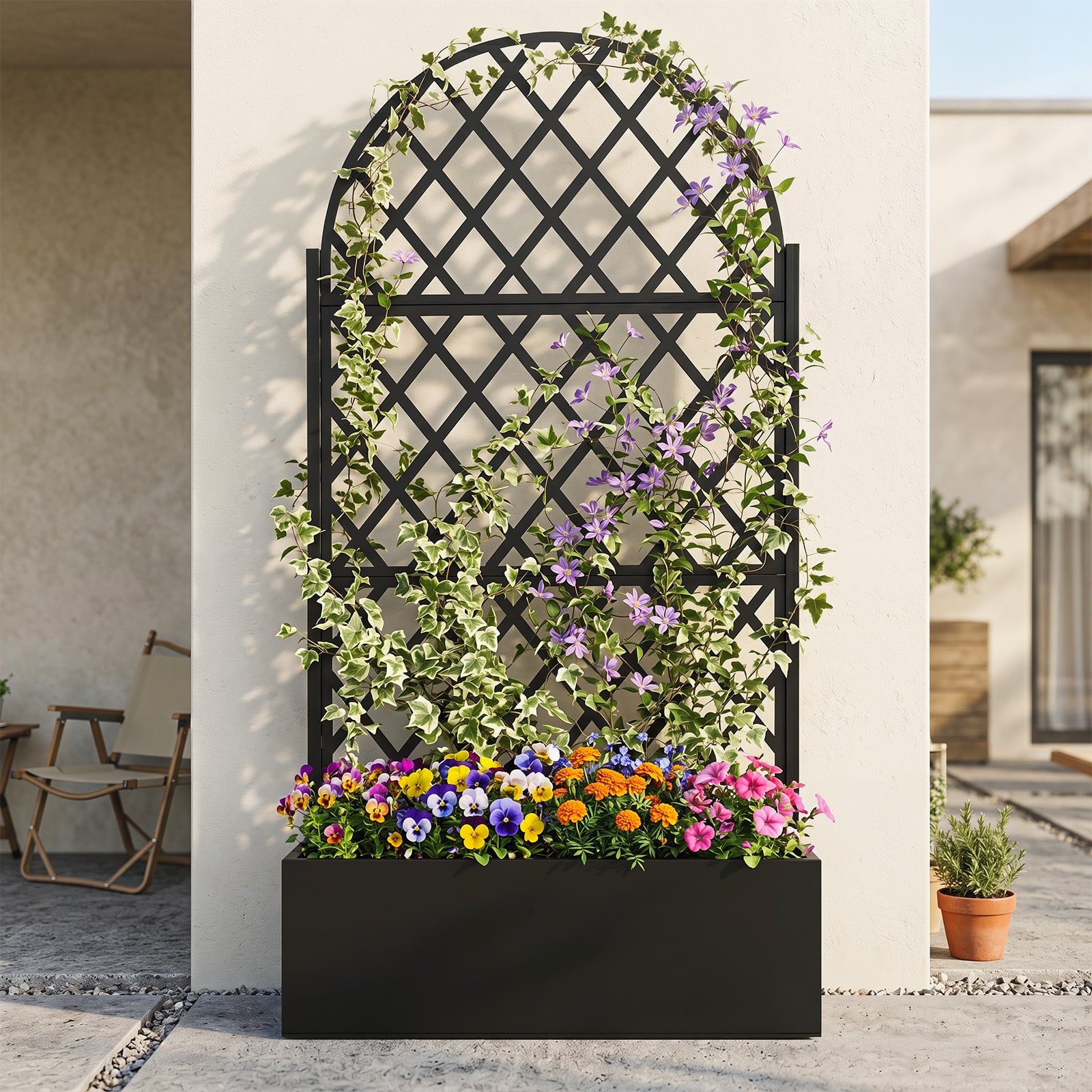 Pflanzkasten mit Rankgitter Sichtschutz mit Blumenkasten & Ablauflöchern aus Metall 90 x 40 x 180 cm Schwarz