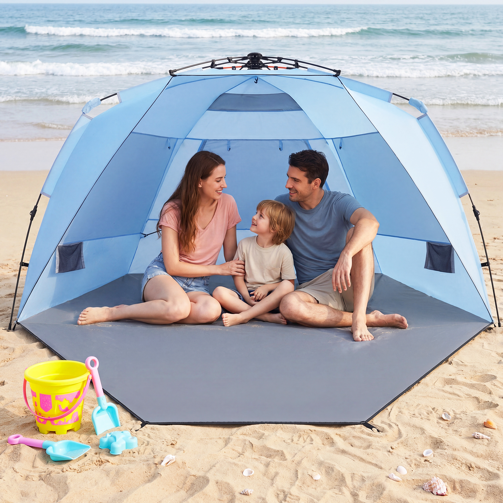 Pop Up Strandzelt für 3-4 Personen Strandmuschel mit Tragetasche Heringe & 3 Sandtaschen