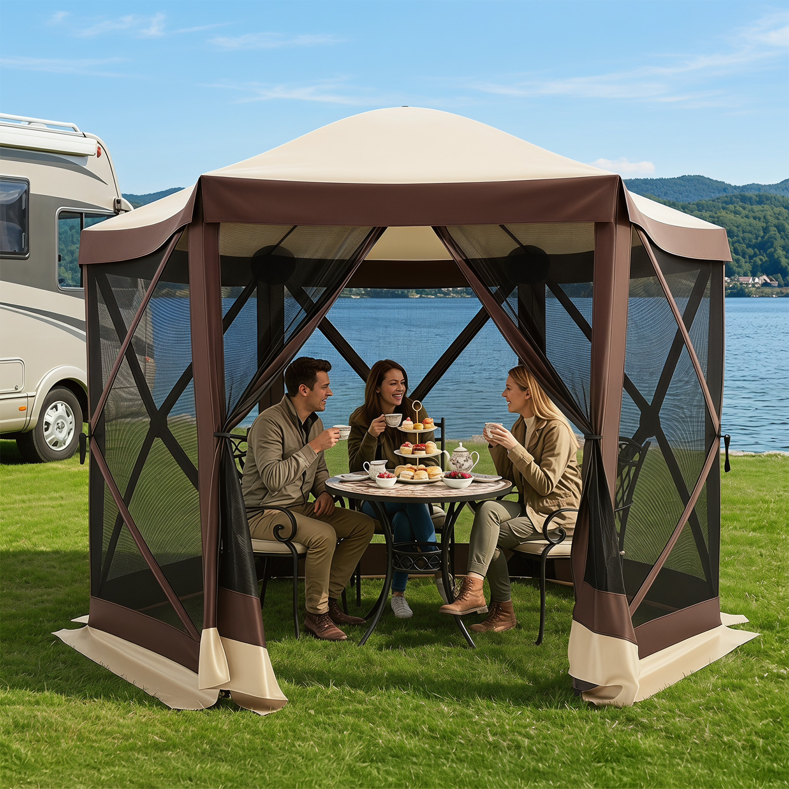 Pop-up Pavillon für 4-6 Personen Faltpavillon mit 6 Moskitonetzen & Reißverschlusstür 300 x 258 x 230 cm