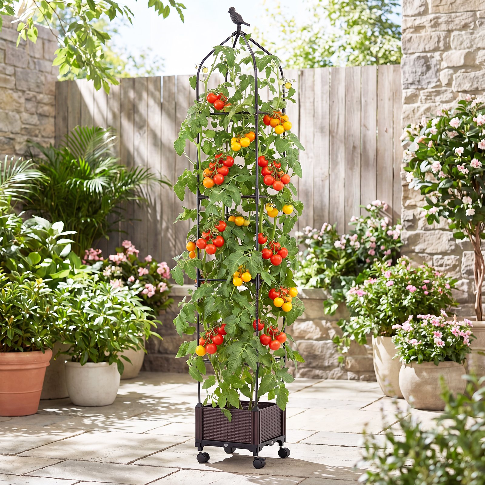 Rankhilfe mit Blumenkasten auf Rollen Höhenverstellbar Garten Obelisk aus Beschichtetes Metall & PP