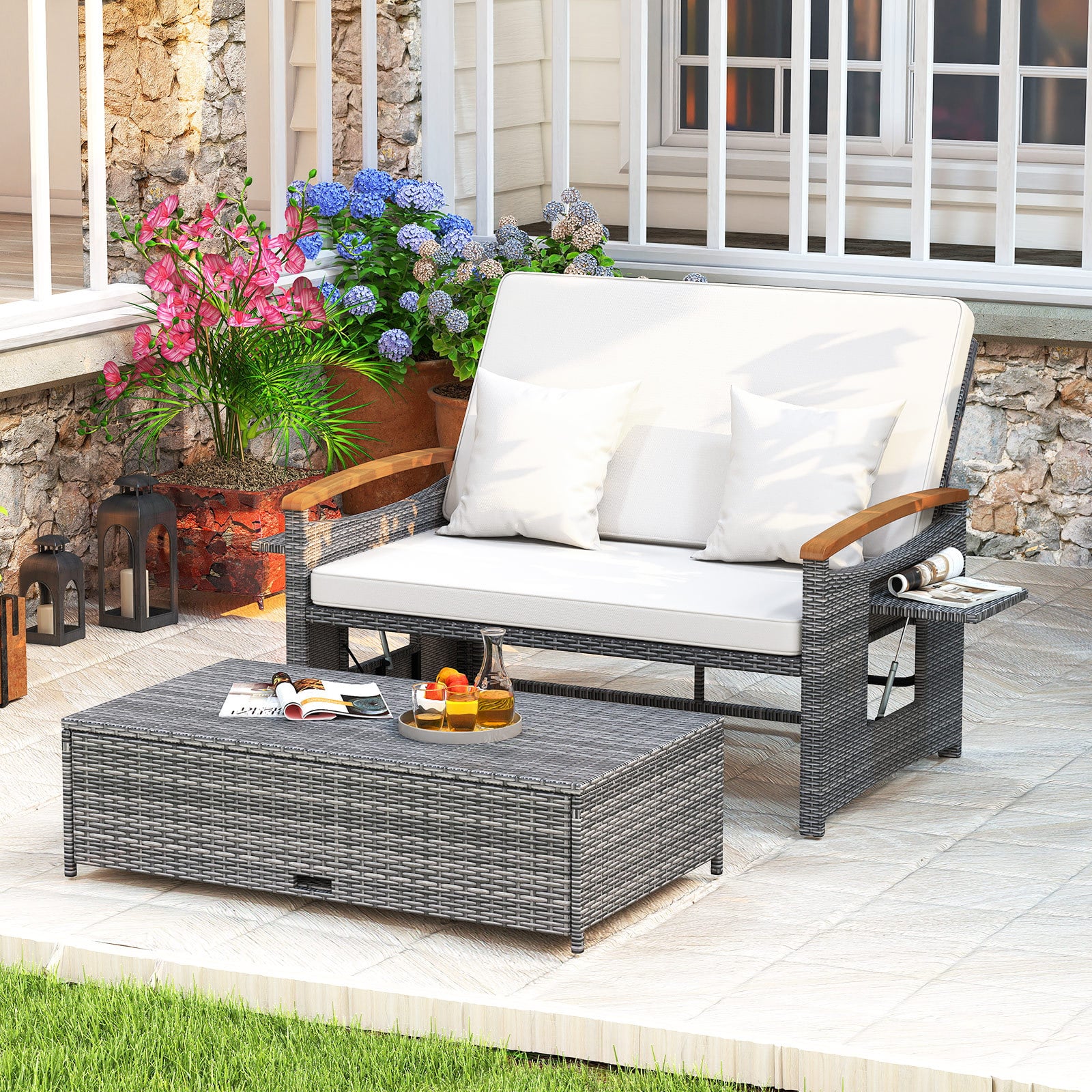Rattan Gartenbank für Außenbereich 2-Sitzer Balkonmöbel und Ottomane mit Stauraum Weiß