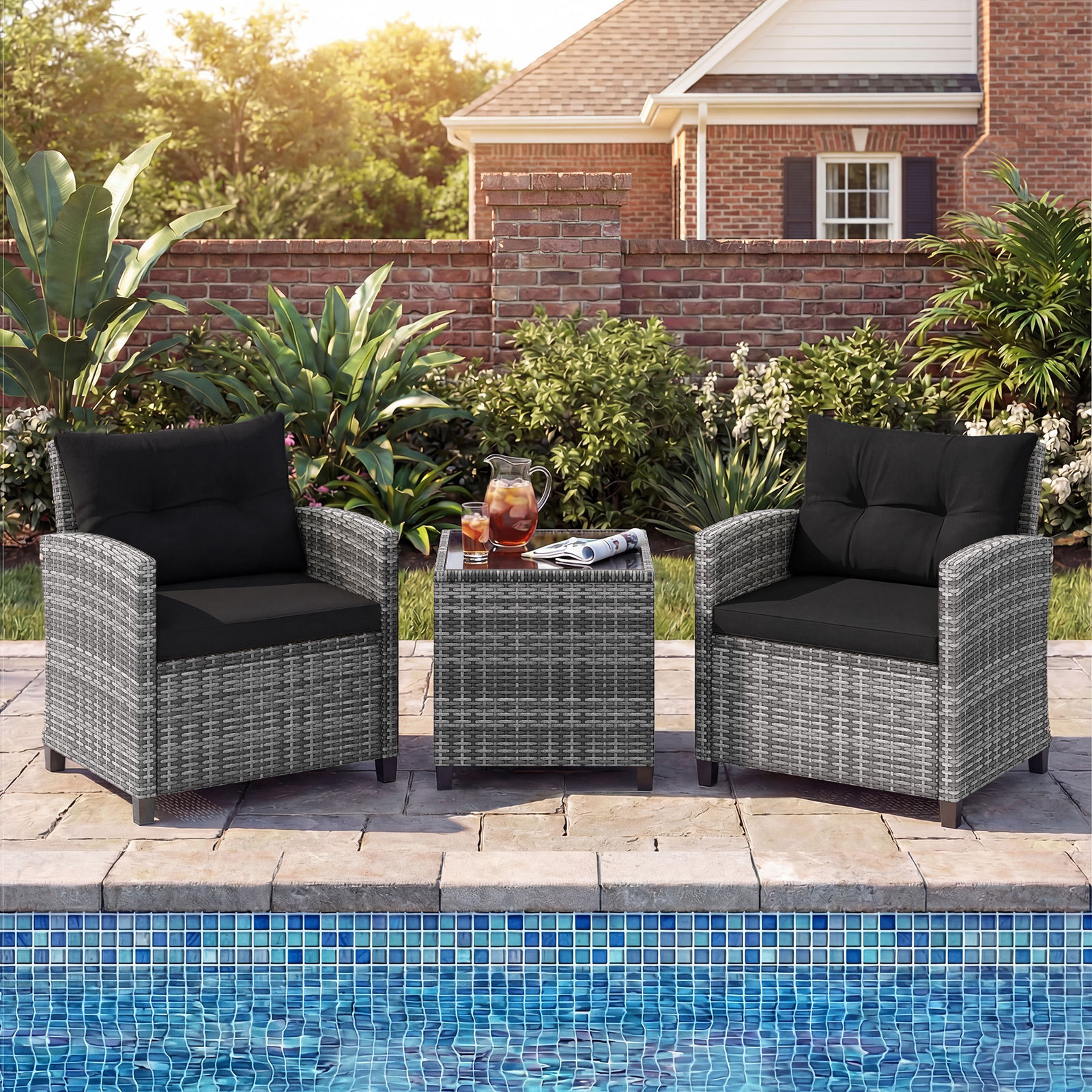 Rattan Gartenmöbel Set 3-Teiliges Balkonmöbel mit 2 Sessel und Tisch mit Sicherheitsglas-Tischplatte Schwarz