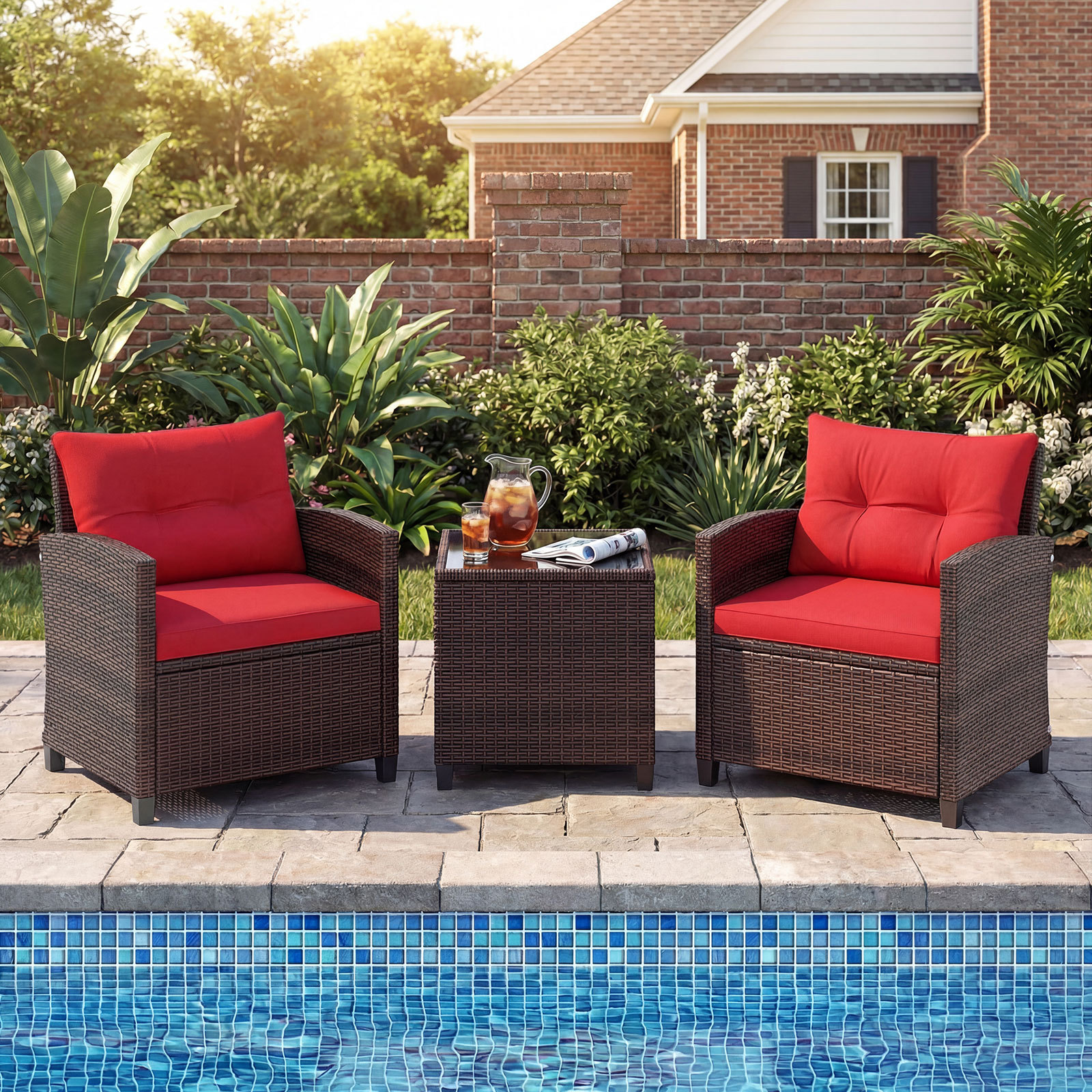 Rattan Gartenmöbel Set 3-Teiliges Balkonmöbel mit 2 Sessel und Tisch mit Sicherheitsglas-Tischplatte Rot