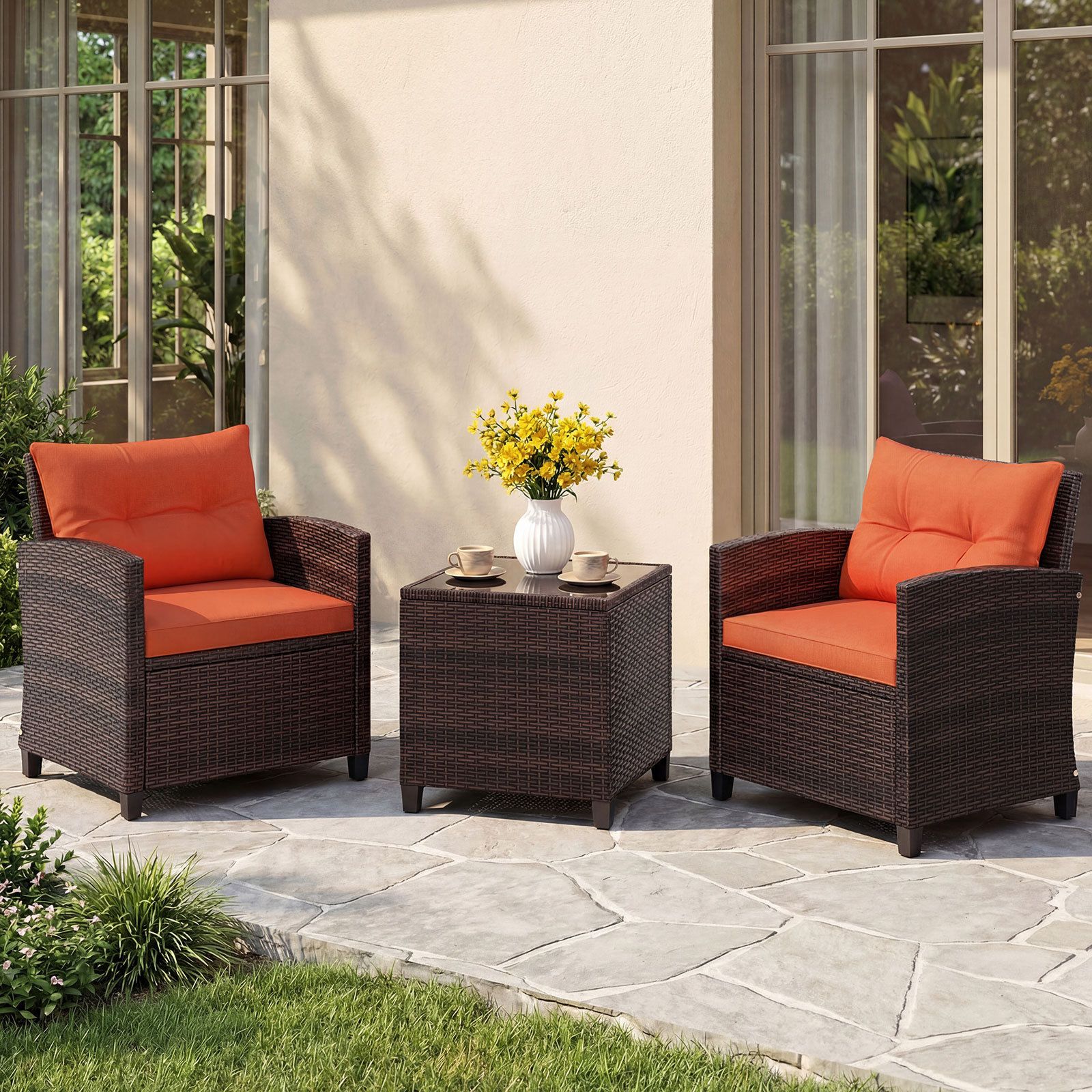 Rattan Gartenmöbel Set 3-Teiliges Balkonmöbel mit 2 Sessel und Tisch mit Sicherheitsglas-Tischplatte Orange