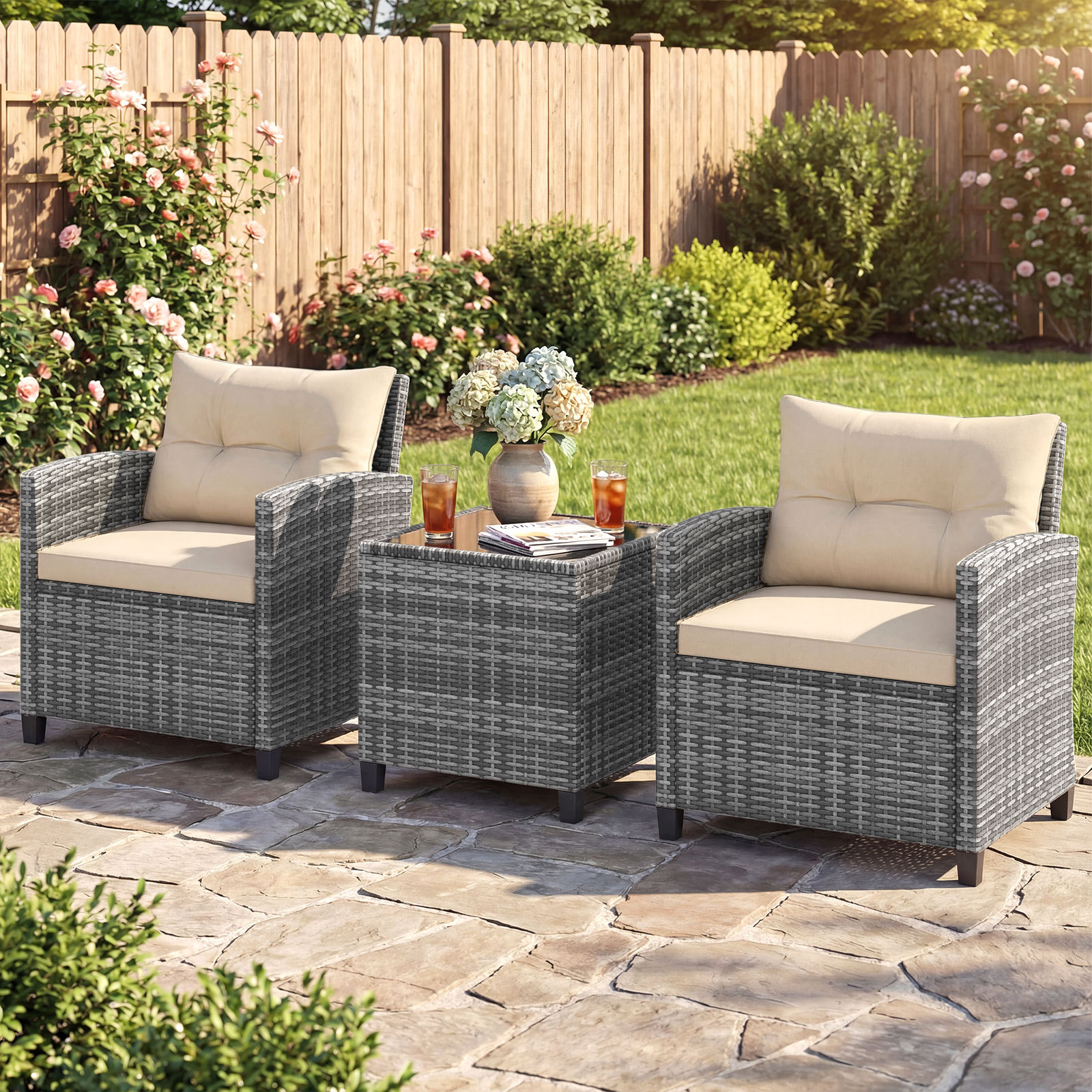 Rattan Gartenmöbel Set 3-Teiliges Balkonmöbel mit 2 Sessel und Tisch mit Sicherheitsglas-Tischplatte Beige