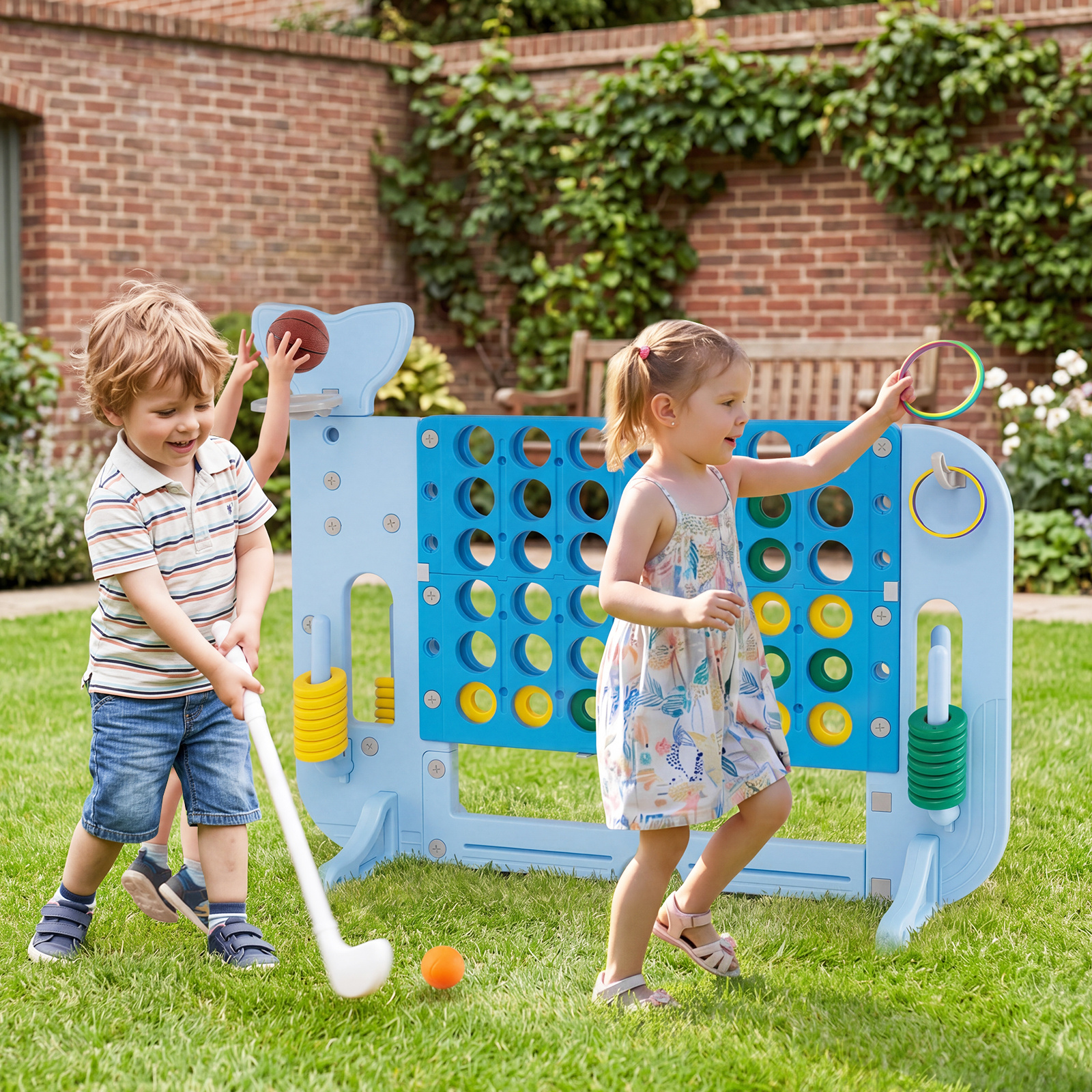 Riesiges 4 Gewinnt Spiel im Wal-Design Höhenverstellbares Kinderspielzeug mit 42 Jumbo-Ringen Blau