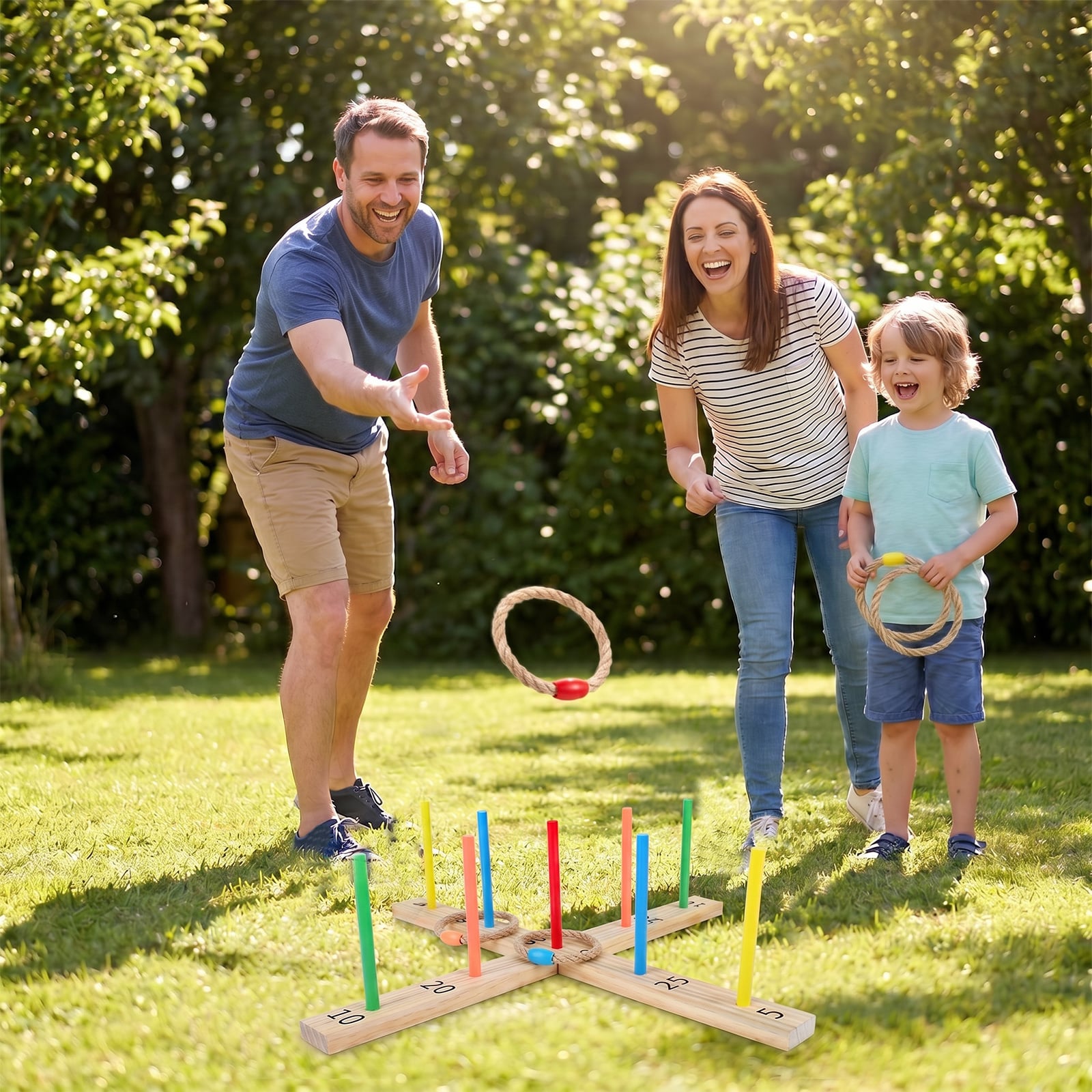 Ringwurfspiel aus Massivholz Outdoor Gartenspiel mit Wurfringen 50 x 50 x 14 cm Natur