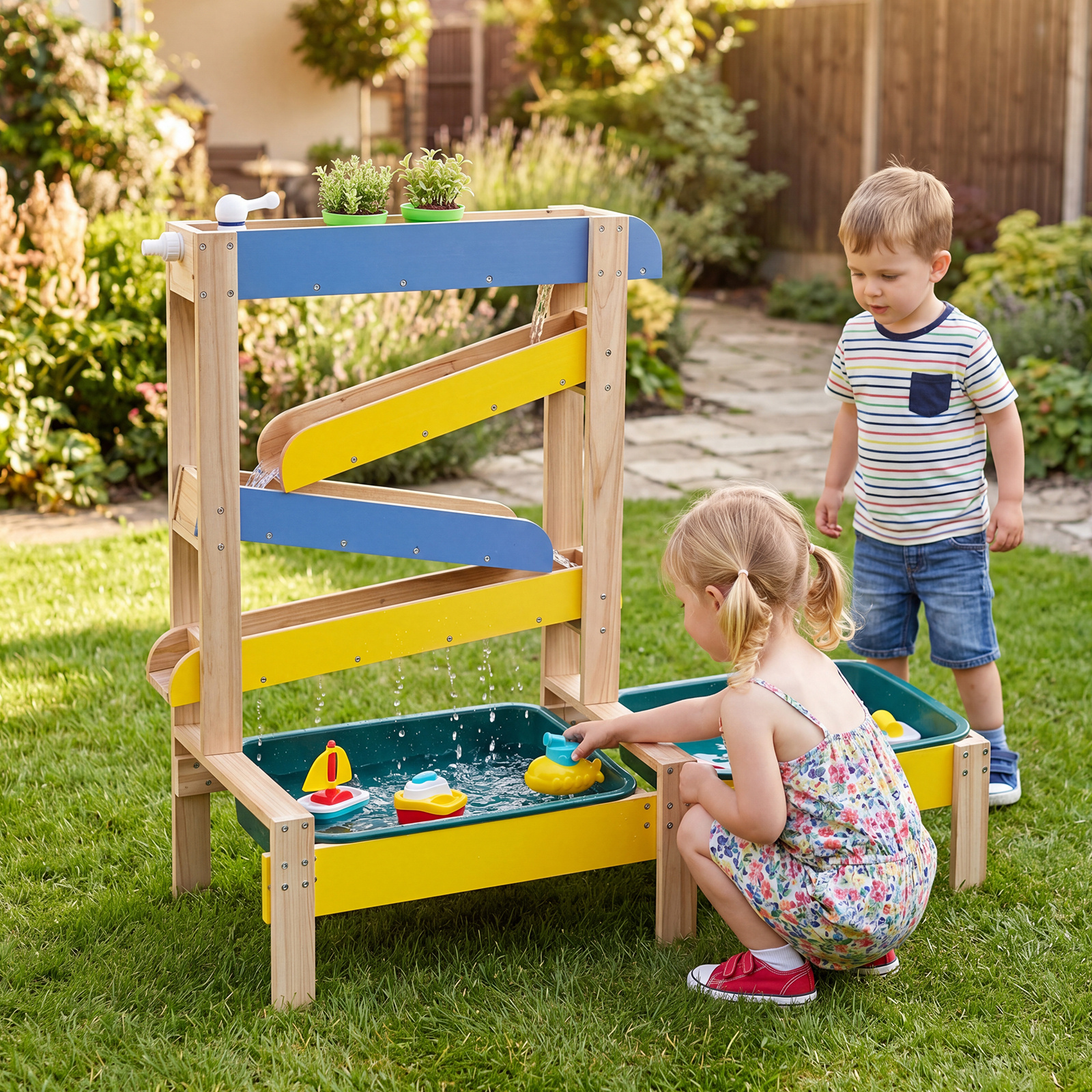 Sand- und Wassertisch aus Holz mit 2 Becken und Zubehör für Kinder ab 3 Jahren Mehrfarbig