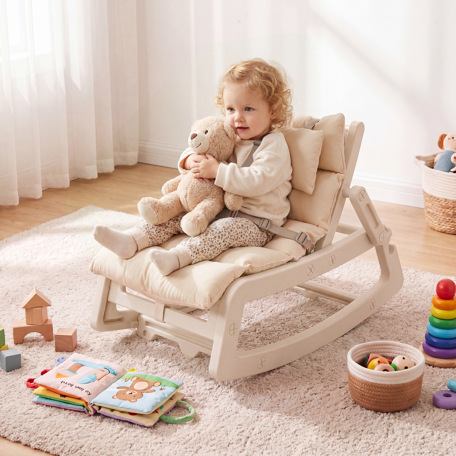Schaukelstuhl Kinder 2 in 1 Liegestuhl mit Verstellbarer Rückenlehne Baby Schaukelsessel Beige