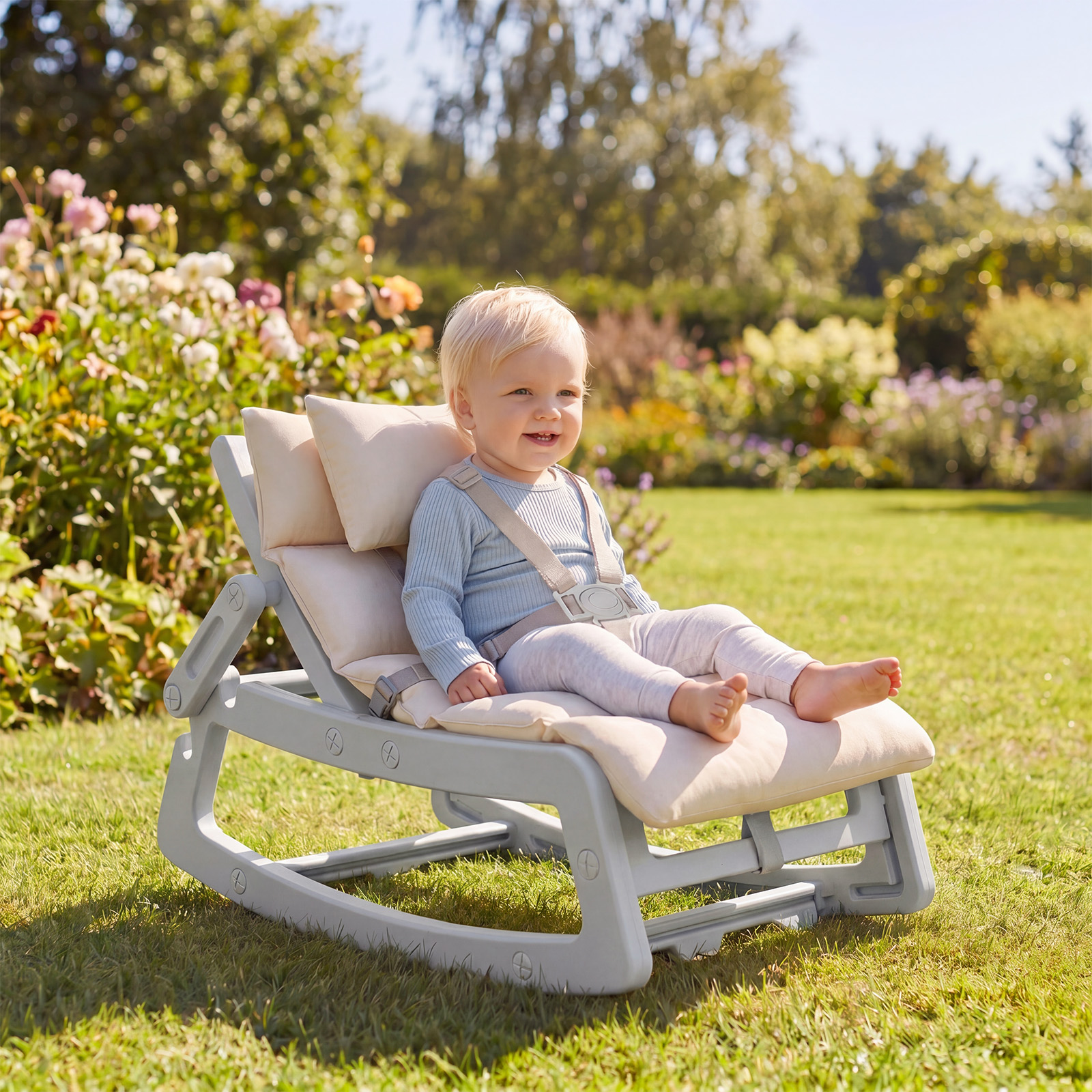 Schaukelstuhl Kinder 2 in 1 Liegestuhl mit Verstellbarer Rückenlehne Baby Schaukelsessel Grau