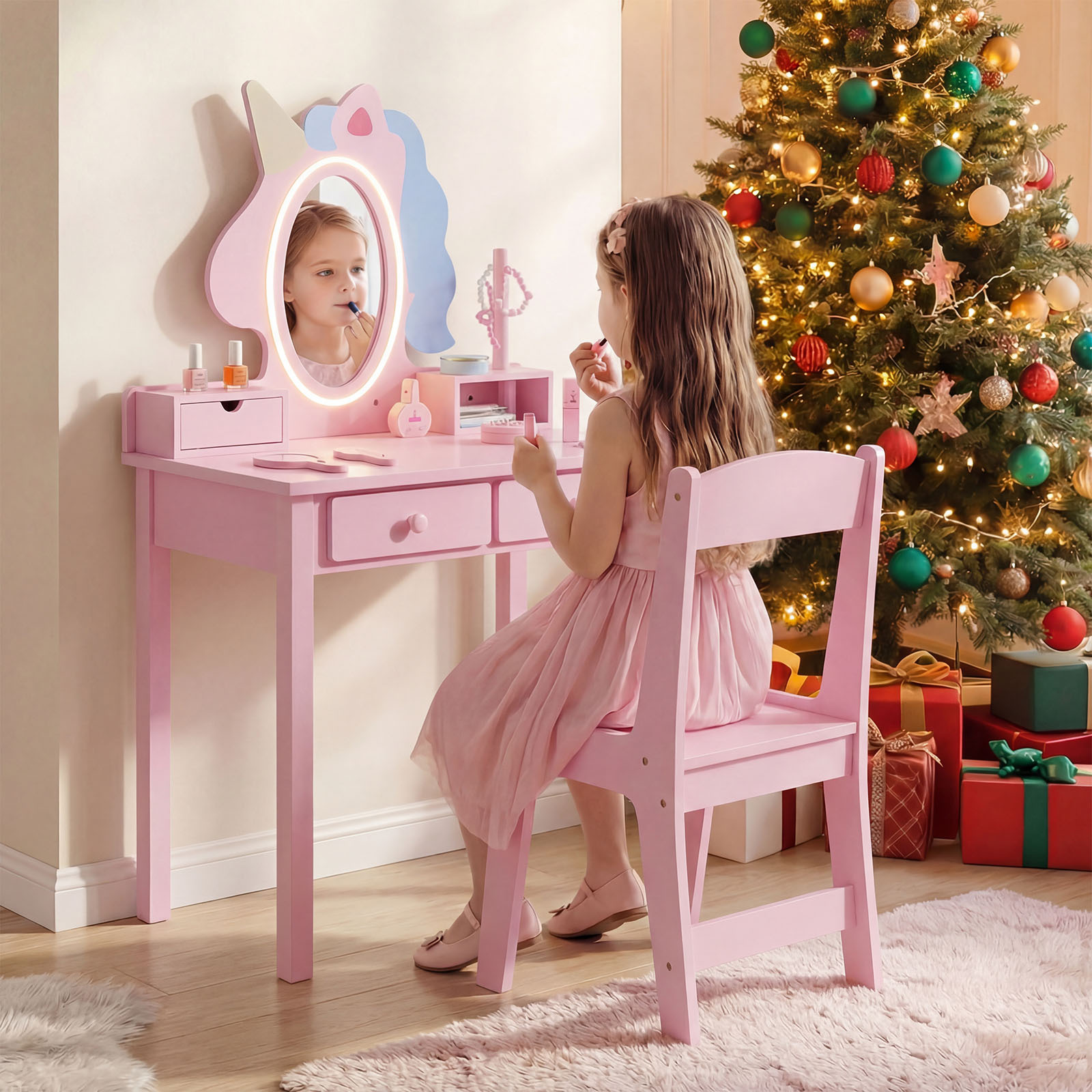 Schminktisch Kinder 2 in 1 Einhorn Frisiertisch mit abnehmbarem Spiegel & 2 Lichtfarben Rosa